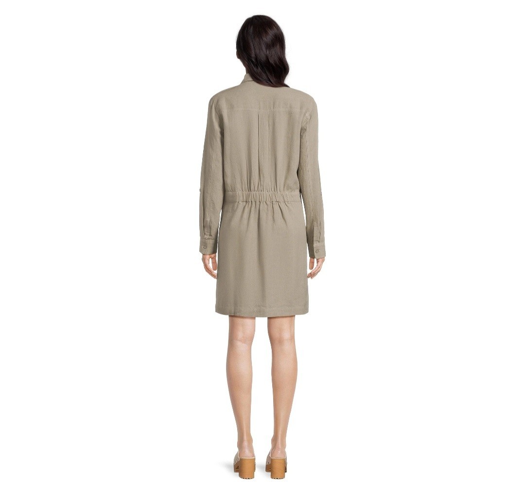 Beach Lunch Lounge Utility Dress Roll Tab Sleeve Pockets Tan Linen Blend, XS