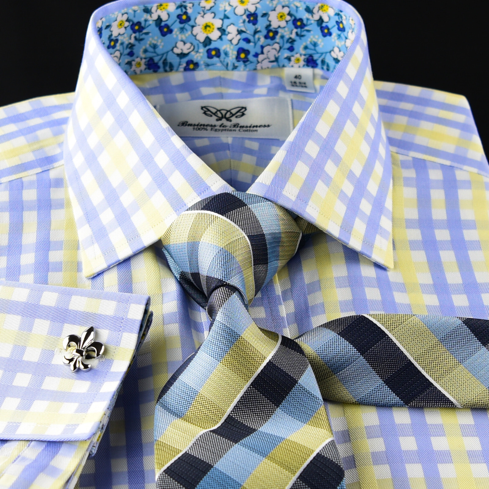 Mens Blue & Yellow Check Formal Business Dress Shirt Italian Floral Daisy Inner