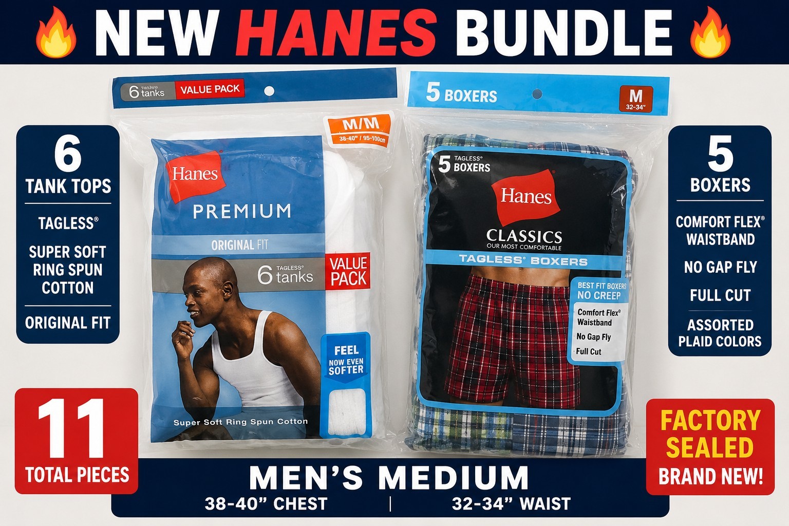 NEW Hanes Men’s Underwear Bundle Medium 6 Tank Tops + 5 Boxers Tagless Sealed