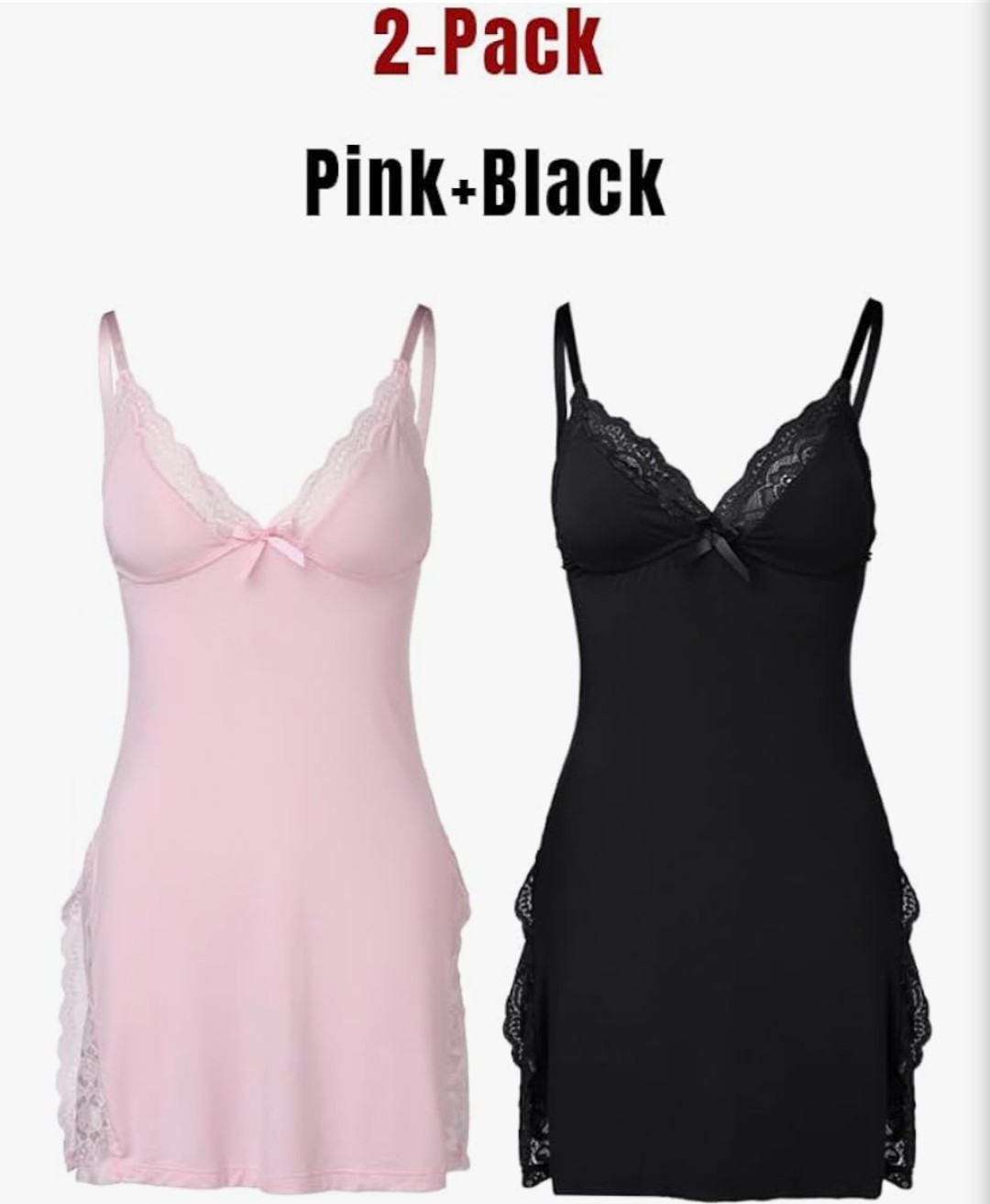 WOMEN’S 2PCS LACE TRIM SIDE SLIT MODAL CAMI SLEEP DRESS LOUNGE WEAR