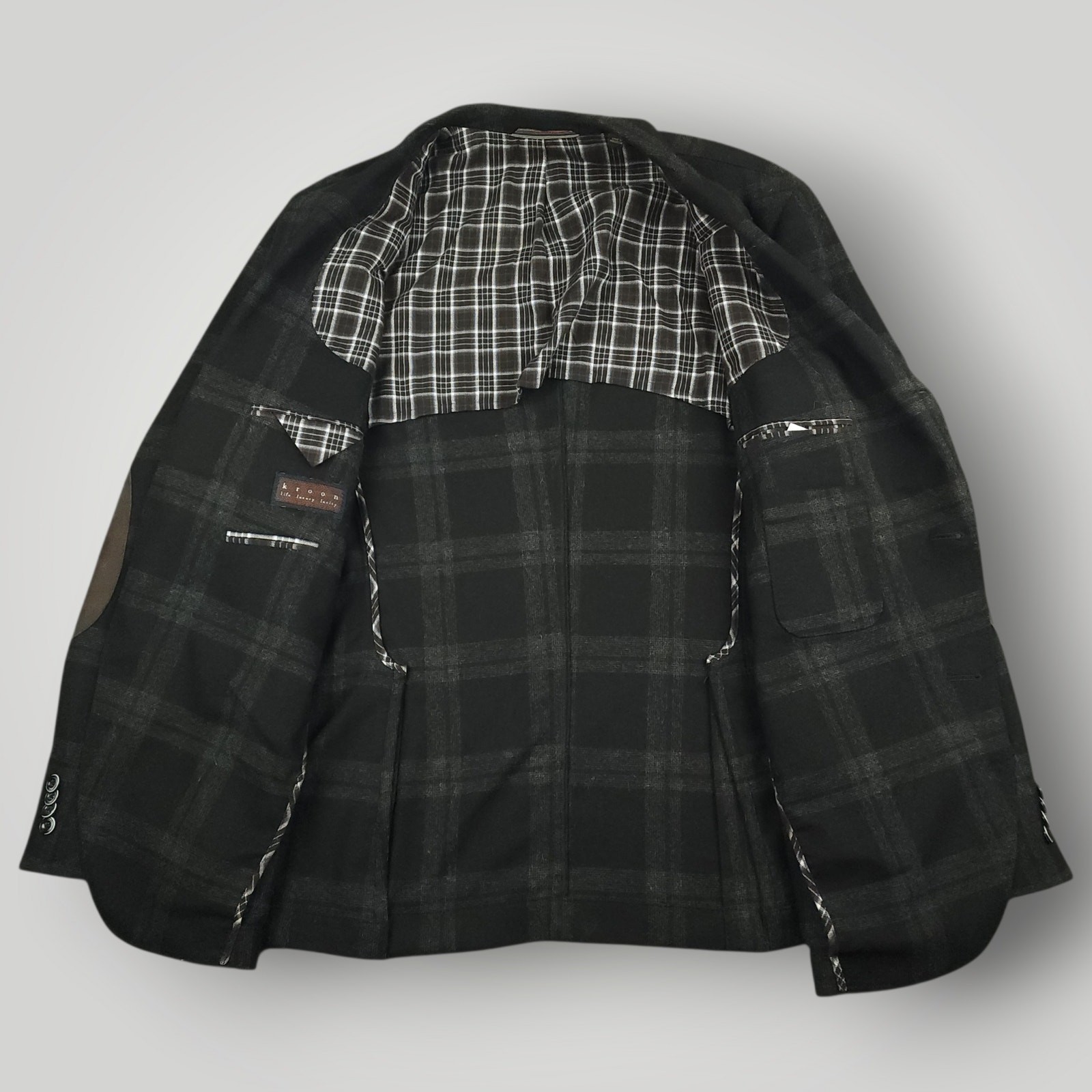 Kroon Sport Coat Mens 46R Flannel Wool Blend 3 Roll 2 Elbow Patch Pocket Plaid