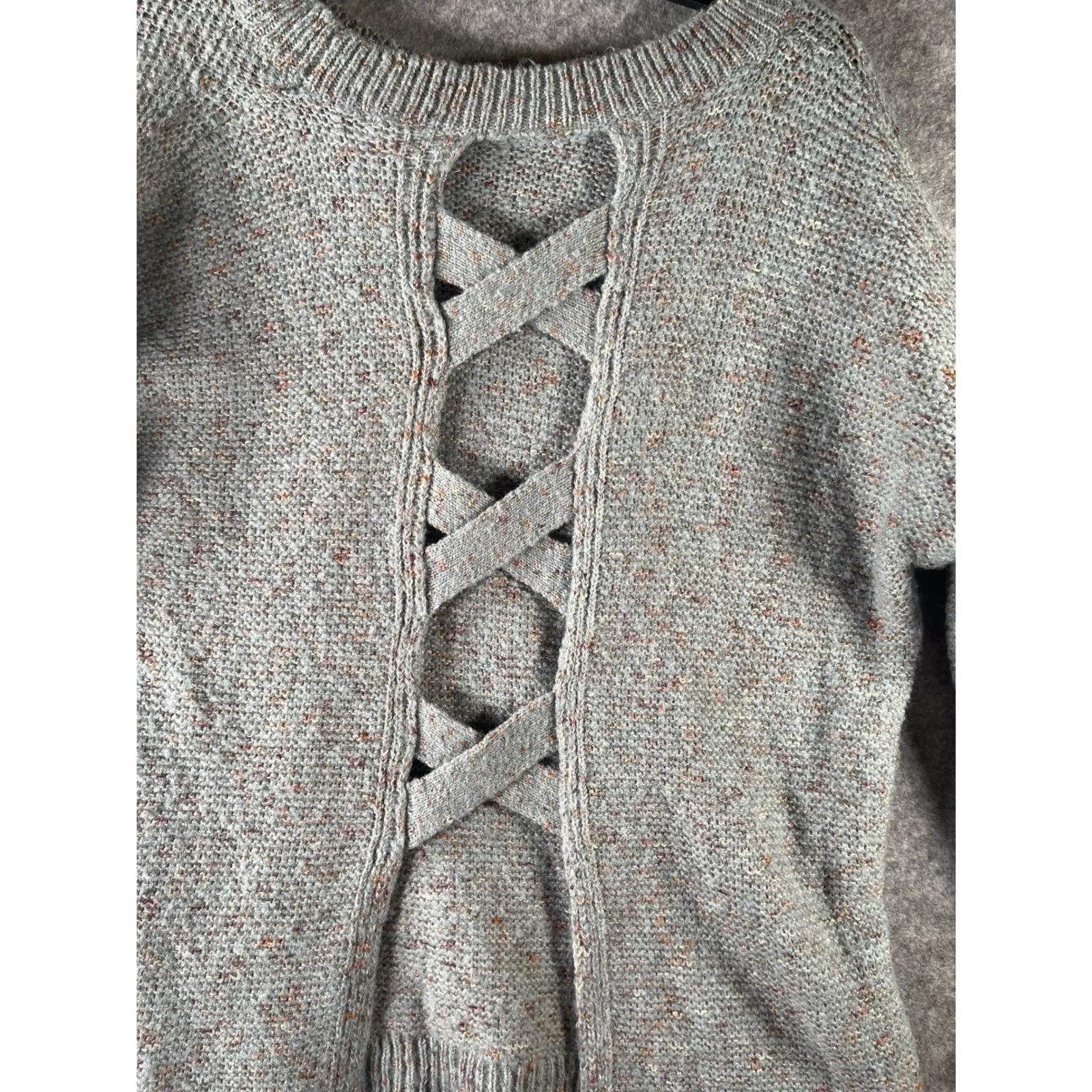 Grey Marl Lattice Back Knit Sweater Confetti Fleck Pullover Long Sleeve Crewneck