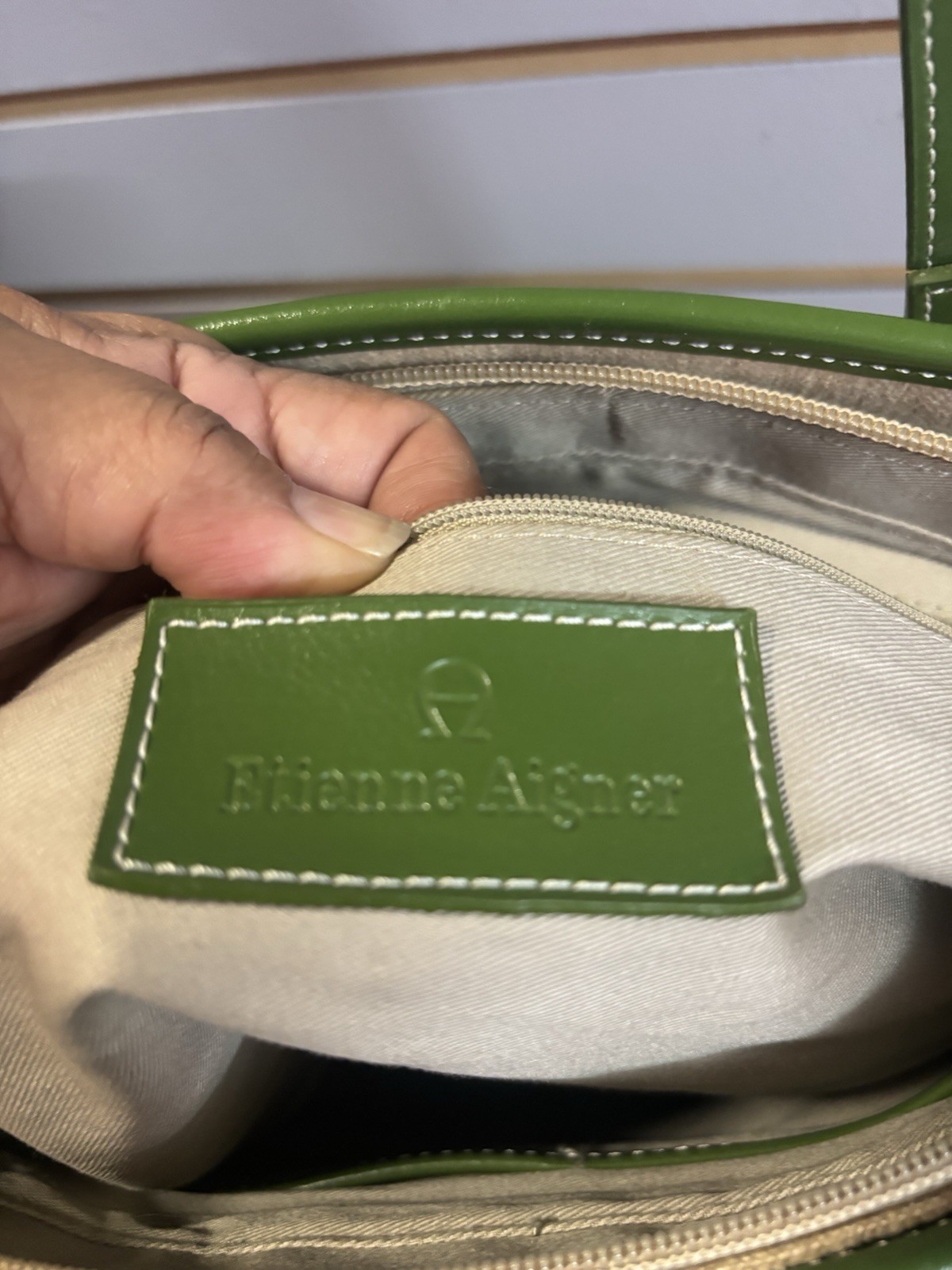 Etienne Aigner Green Beige Tote Shoulder Bag Zip Gold Hardware Lined Pockets