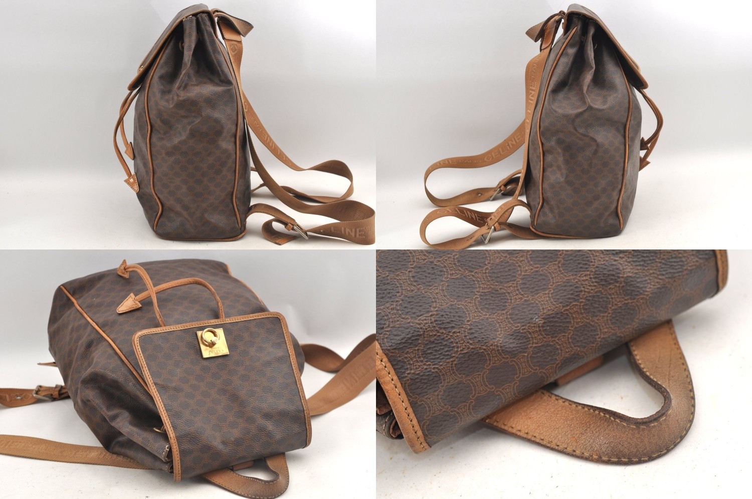 Authentic CELINE Macadam Blason Pattern Backpack PVC Leather Brown AB587