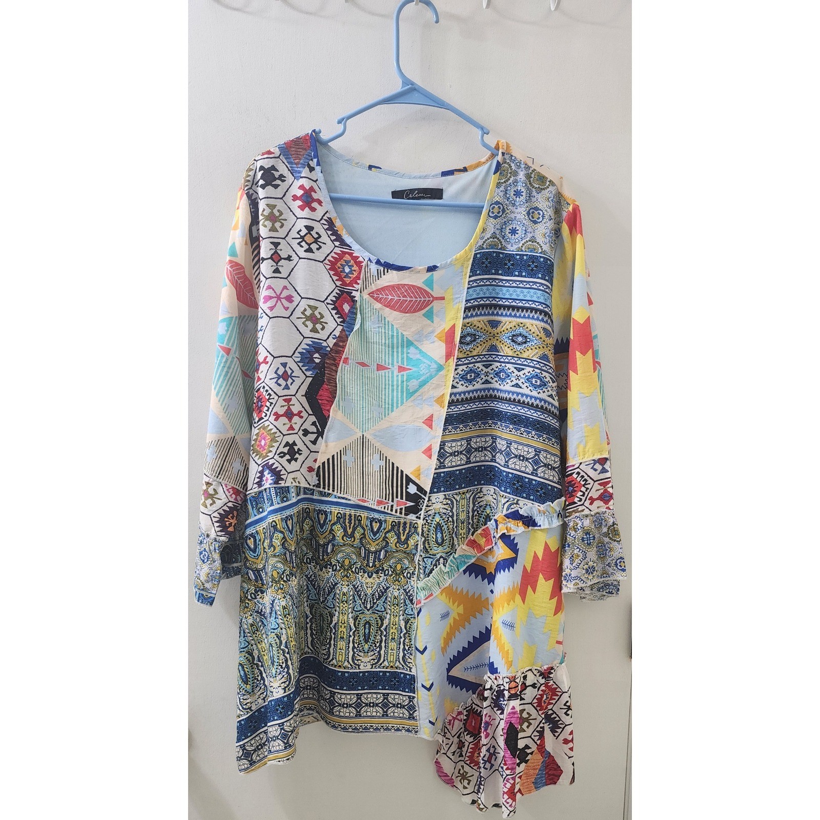 Calesa Mixed Print Patchwork Ruffle Tunic Top Multi-Color Boho Asymmetrical L