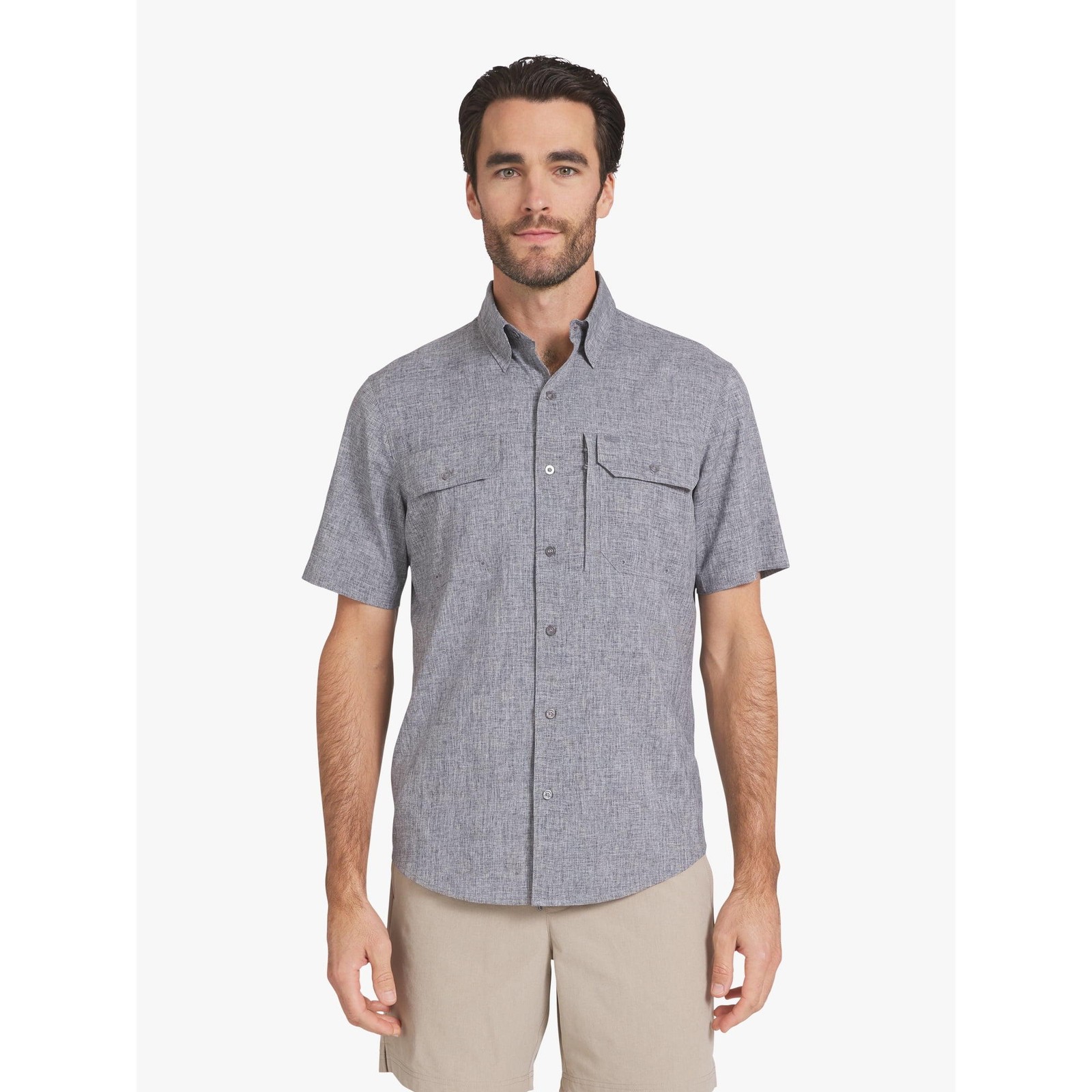 Chaps Men’s Tech Chambray Short Sleeve Button Up Shirt Charcoal XL