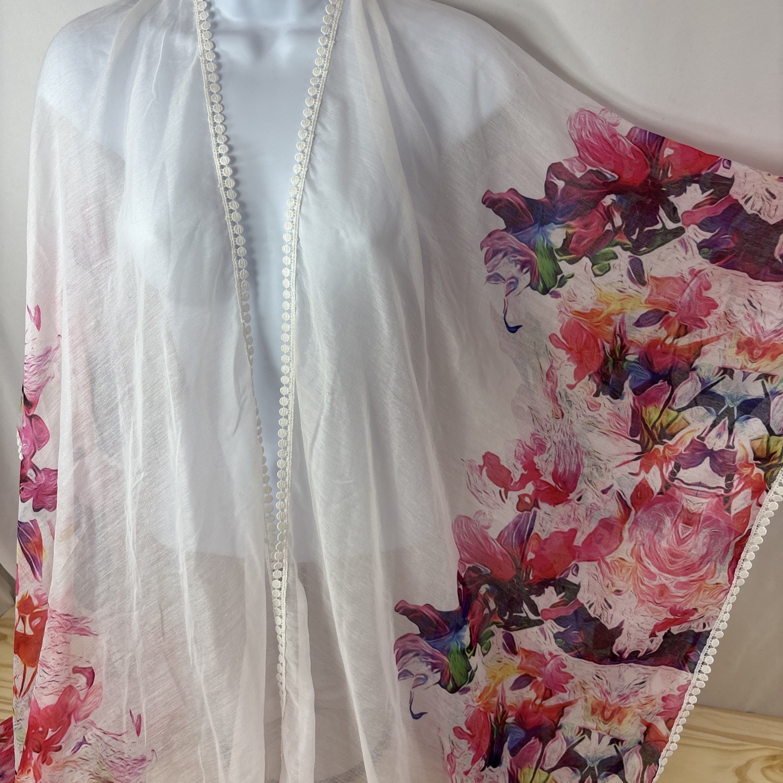 Womens Sheer Floral Kimono Cover Up White Watercolor Open Front Beach Swim OS