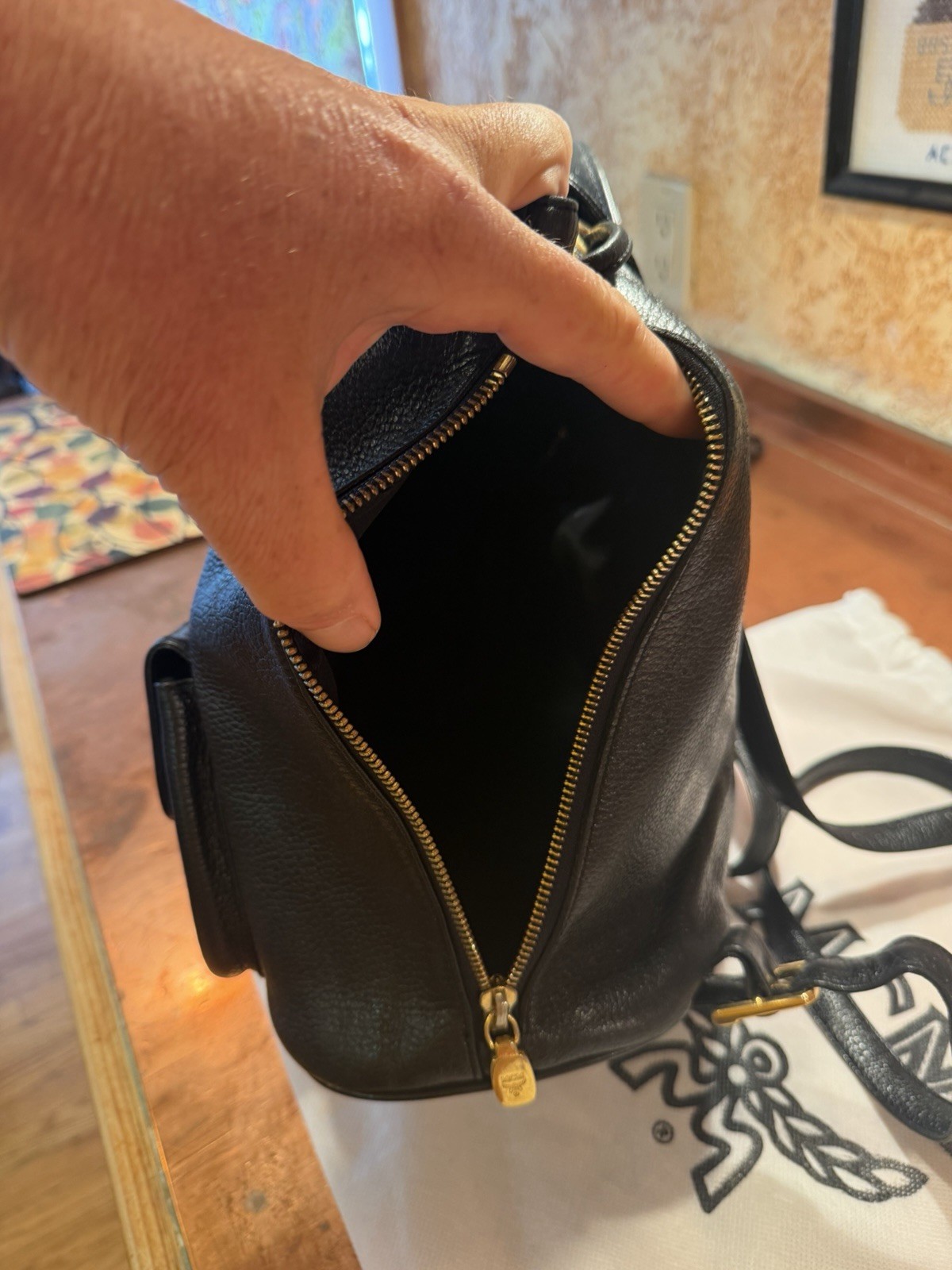 MCM Black Drawstring Backpack, Magnetic Closure, Gold Hardware, Dust Bag