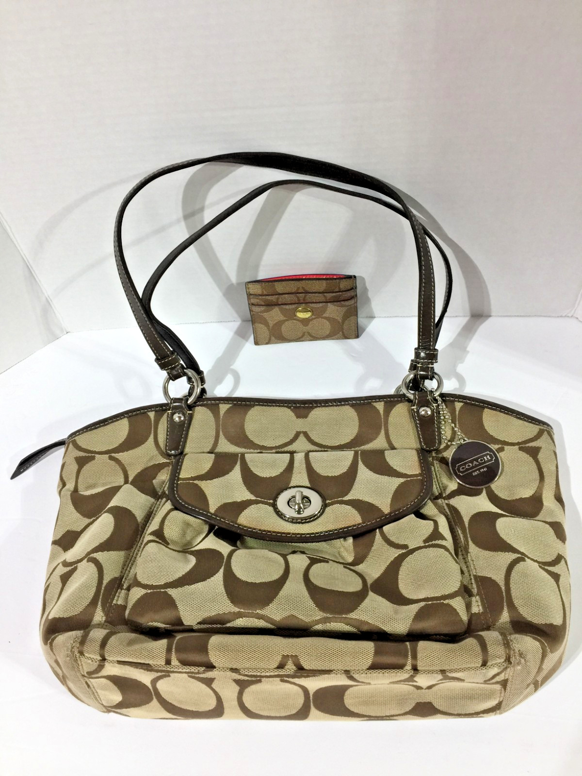 COACH Leah Signature C Shoulder Turn Lock Signature Tote Handbag – B1077-F14659!