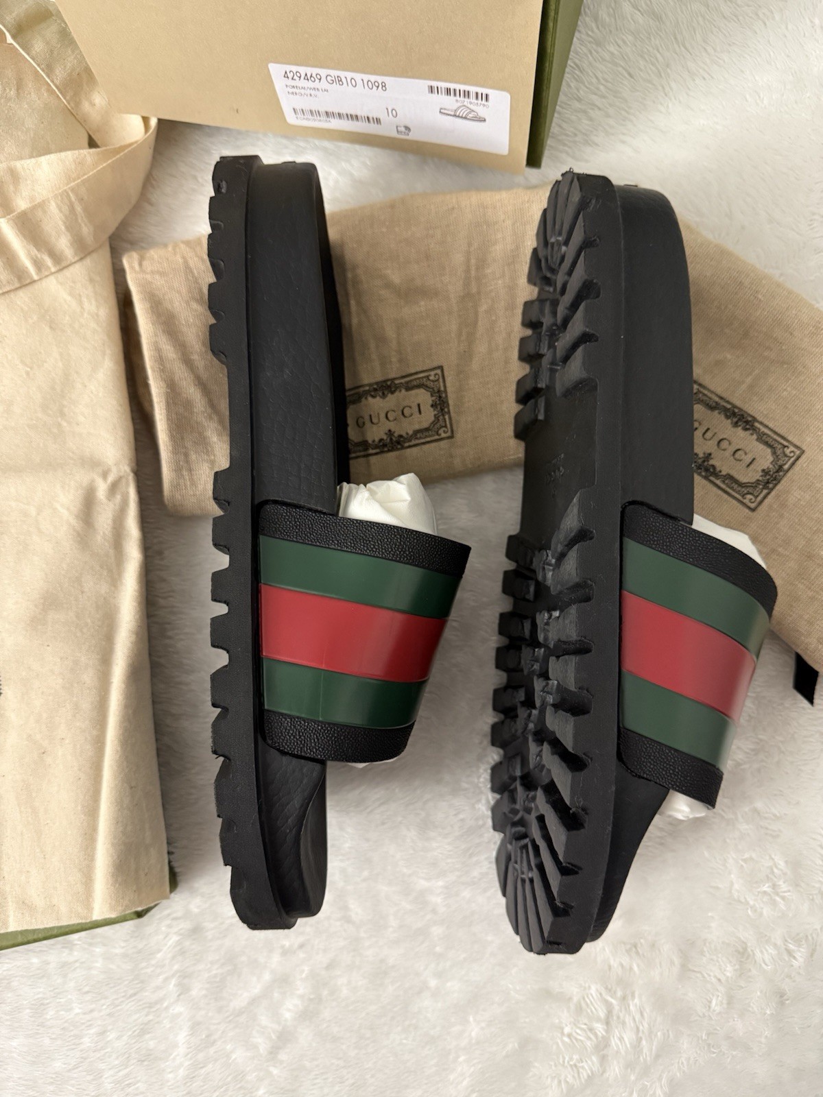 Gucci Pursuit Trek Web Stripe Rubber Slide Sandals Black Green Red Mens 10