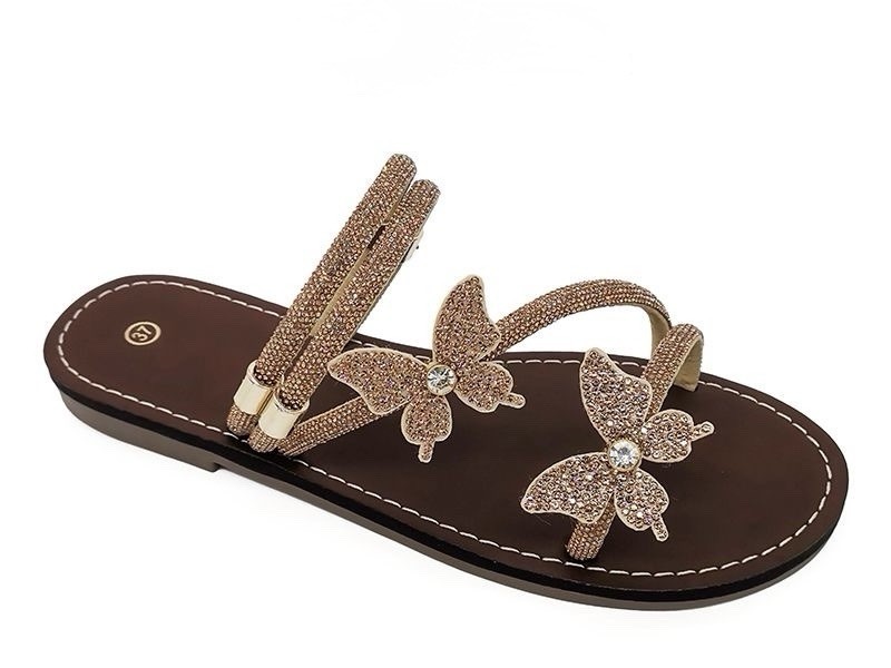 Women’s Brown/Gold Rhinestone Butterfly Thong Slip-On Flat Sandals US 7EU 37