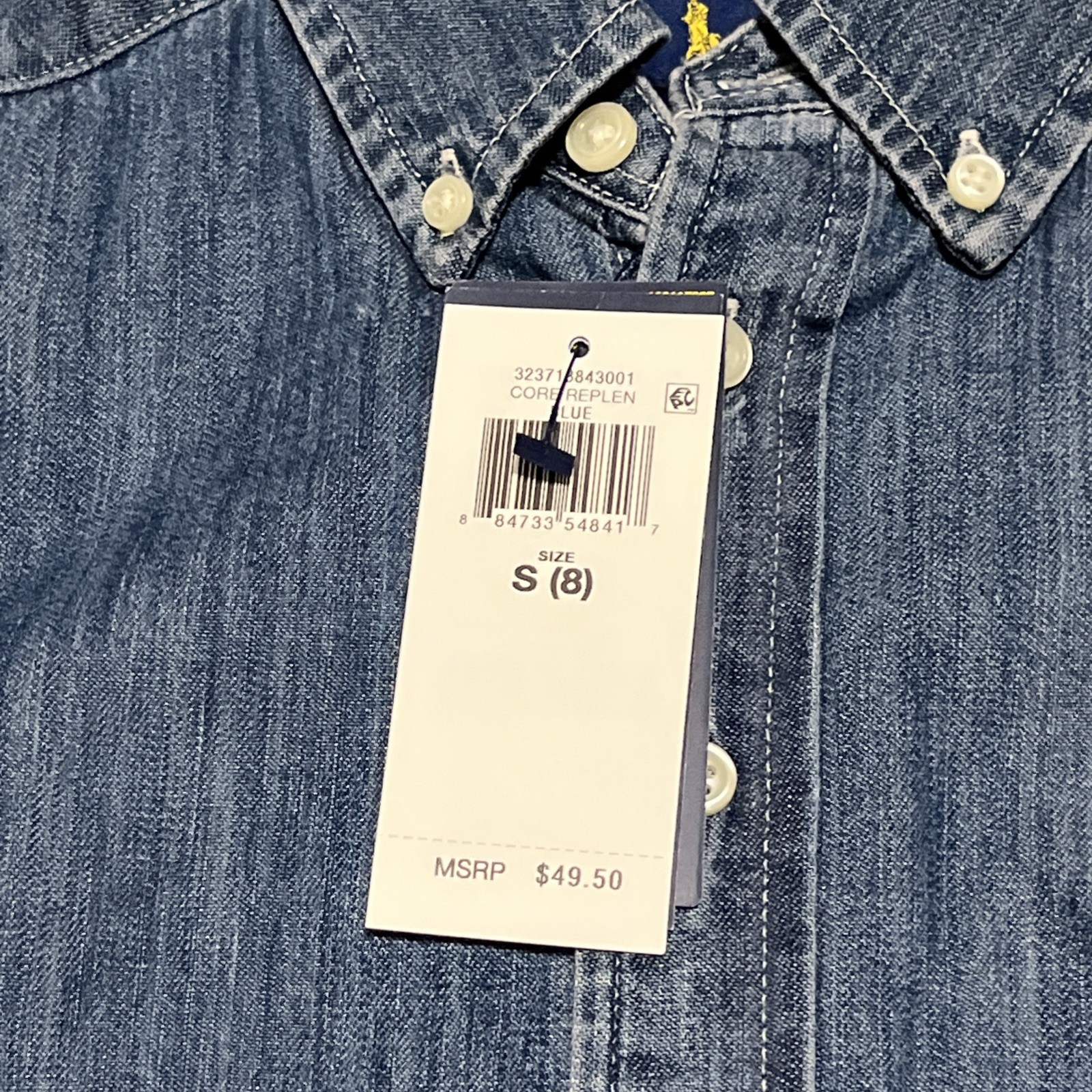 POLO RALPH LAUREN Boy’s S (8) Blue Chambray Button Down Shirt Flesh Pony Preppy