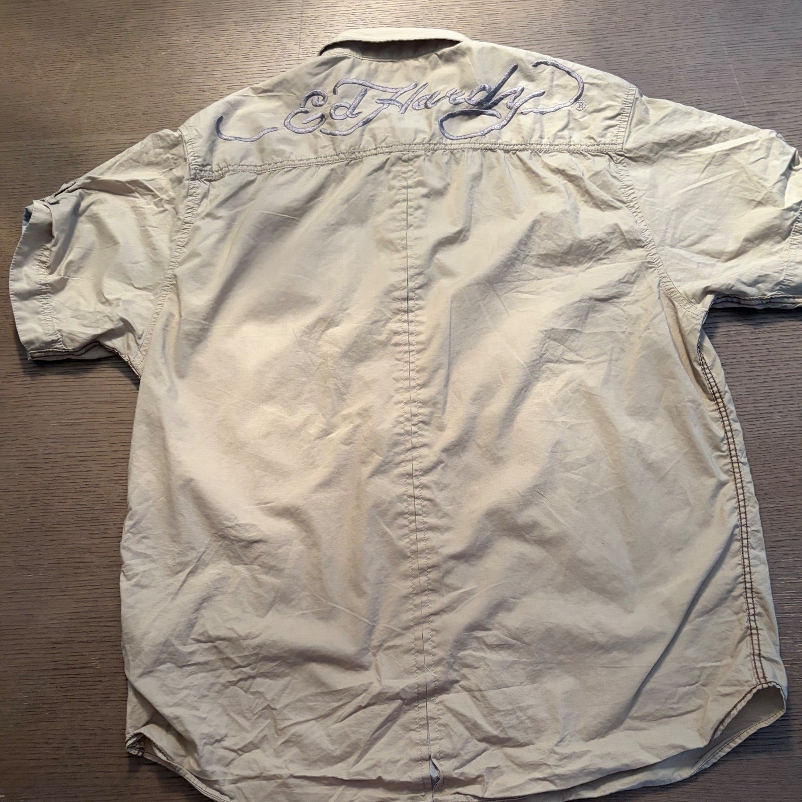 Ed Hardy Mens Tan Short Sleeve Button Down Shirt Love Kills Slowly Skull XL