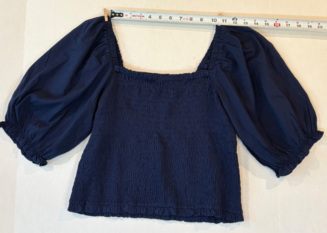 LOFT Navy Blue Smocked Puff Sleeve Blouse Women’s Large L Peplum Square Neck Top