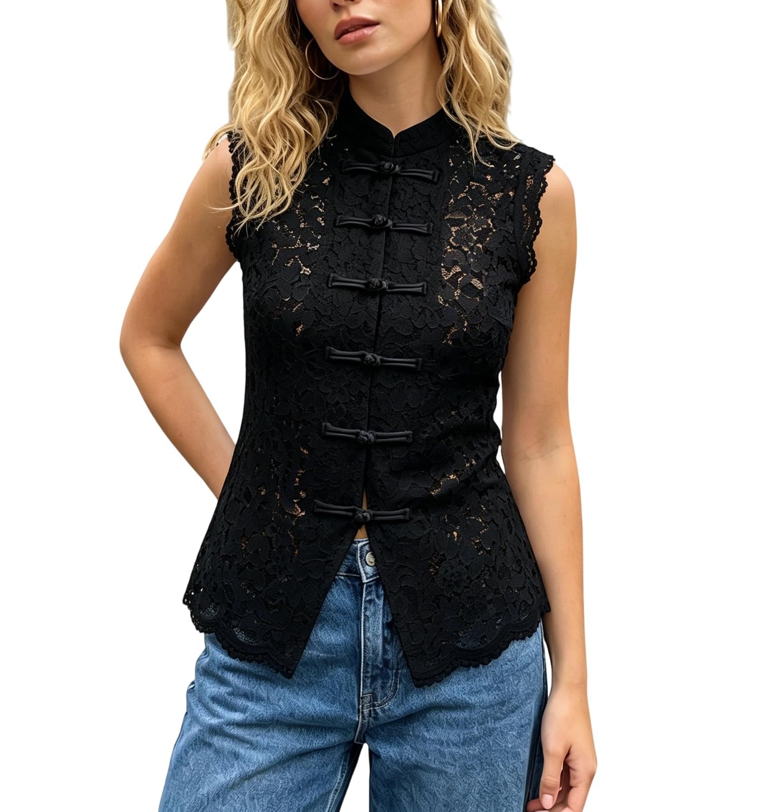 Women Lace Mandarin Collar Shirt Button Stand Collar Semi Sheer Floral Lace T…