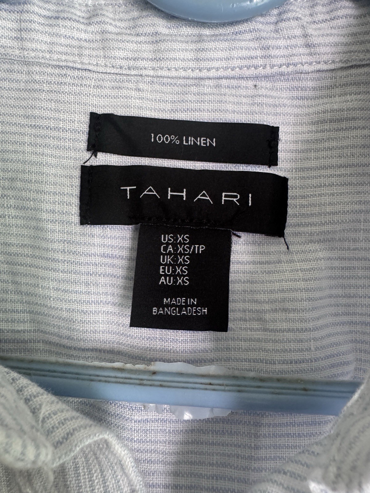 Tahari XS 100% Linen Striped Button Front Collared Shirt Dress Blue White