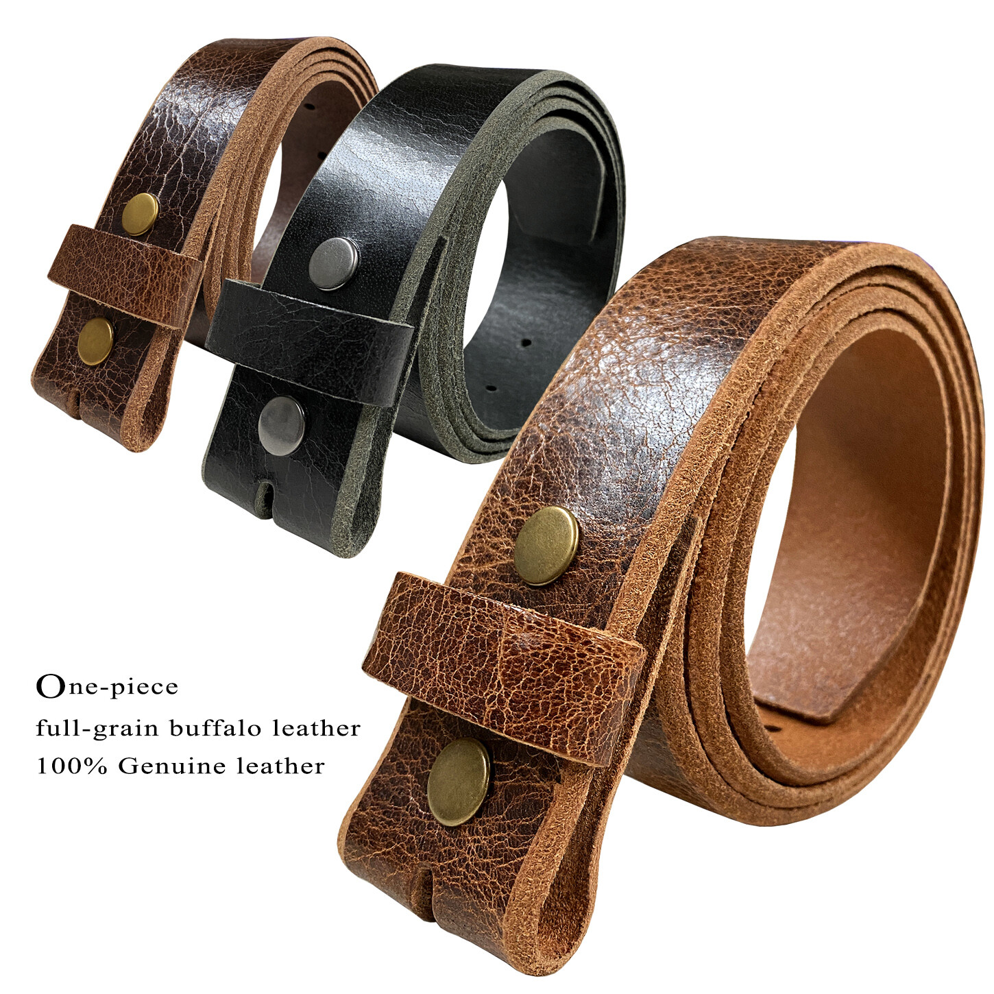 BELT STRAP SNAP ON FULL GRAIN ONE PIECE LEATHER UNISEX BELT-BLACK, BROWN, OR TAN