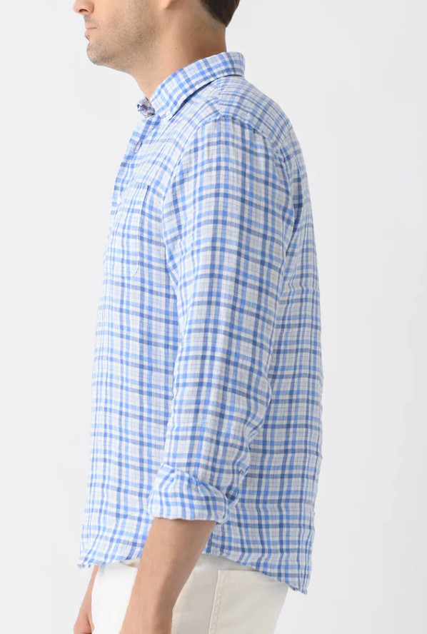 NEW JOHNNIE-O HANGIN’ OUT LAGUNA BLUE BRONX PLAID LINEN BUTTON UP SHIRT SZ XL