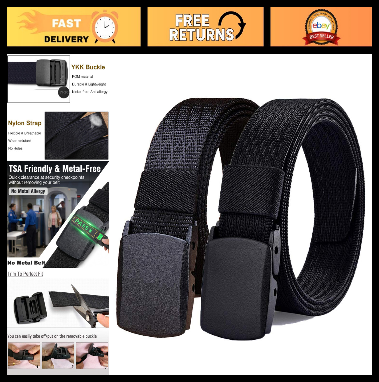 Men’s Nylon Web Belt – No Metal, Nickel-Free, Tactical Hiking Belt, Adjustable