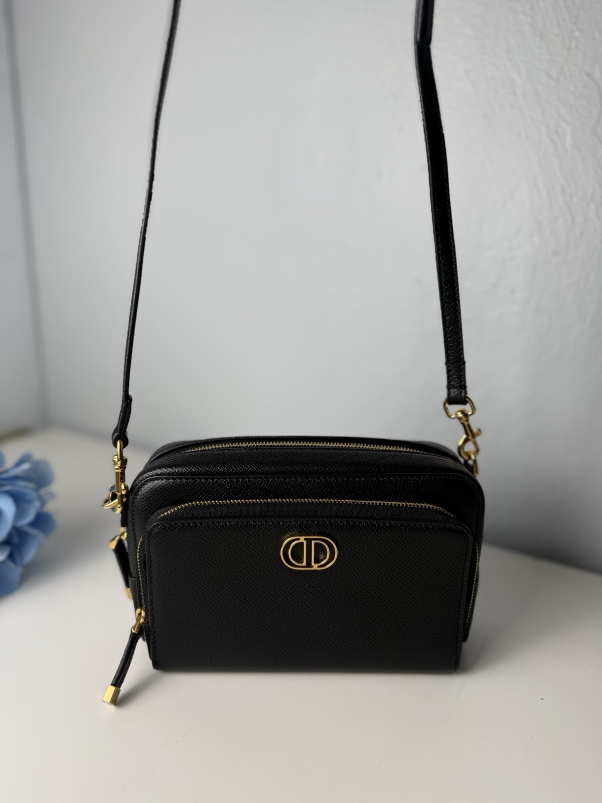 CHRISTIAN DIOR Grained Calfskin Caro Double Pouch Black