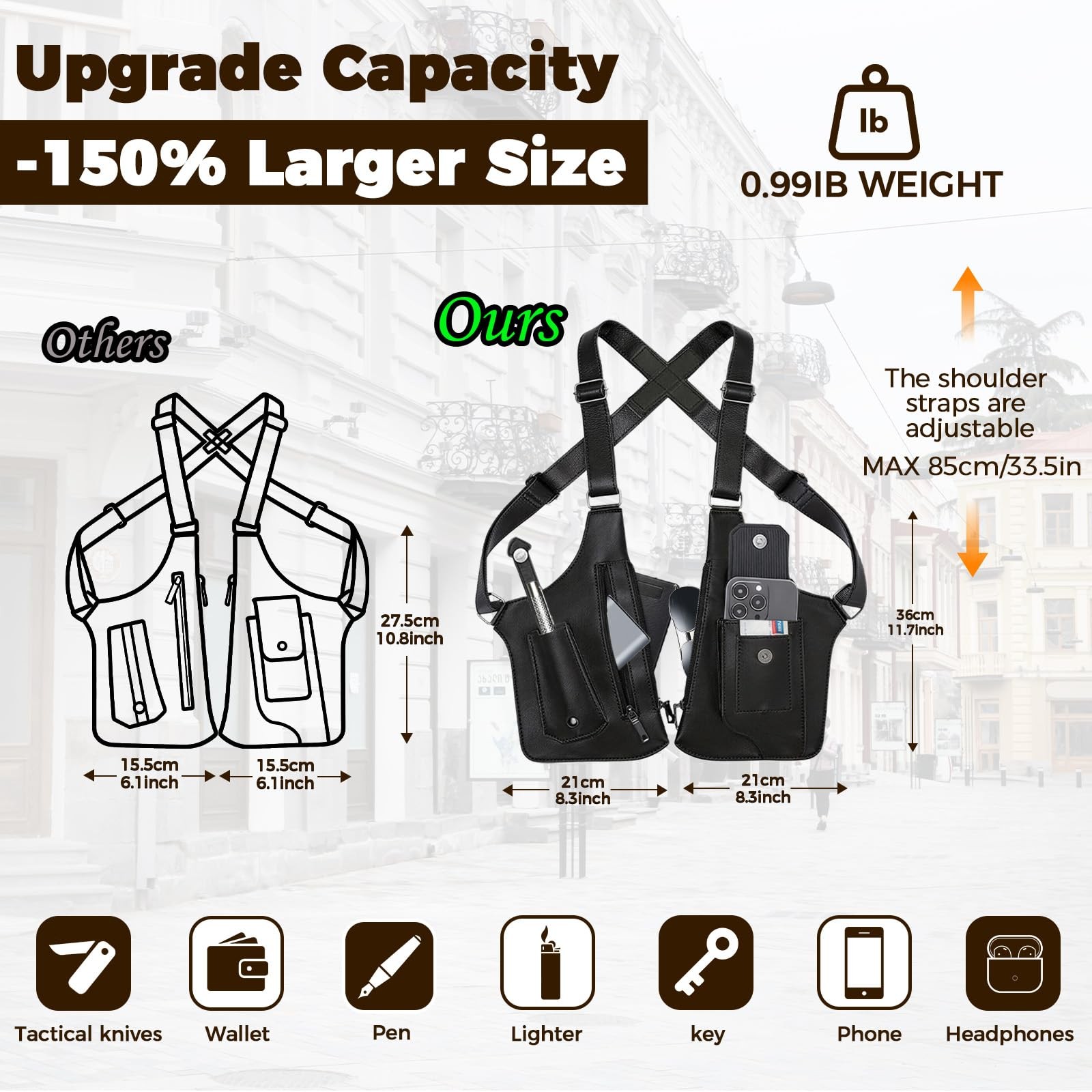 ECGER Large Double – 36cm/11.7in X 21cm/8.3in, Black Armpit Bag
