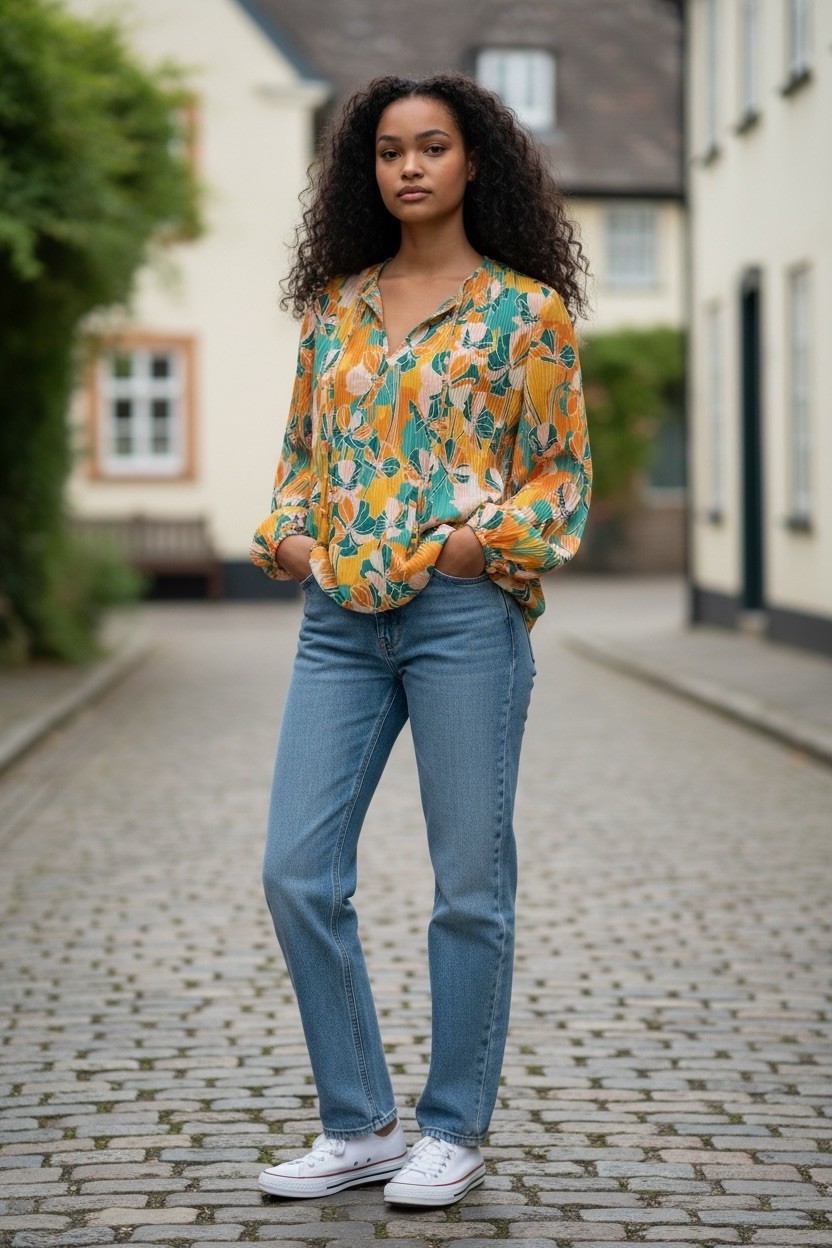 Boho Floral Peasant Blouse Balloon Sleeve Flowy Hippie Cottagecore V-Neck Top