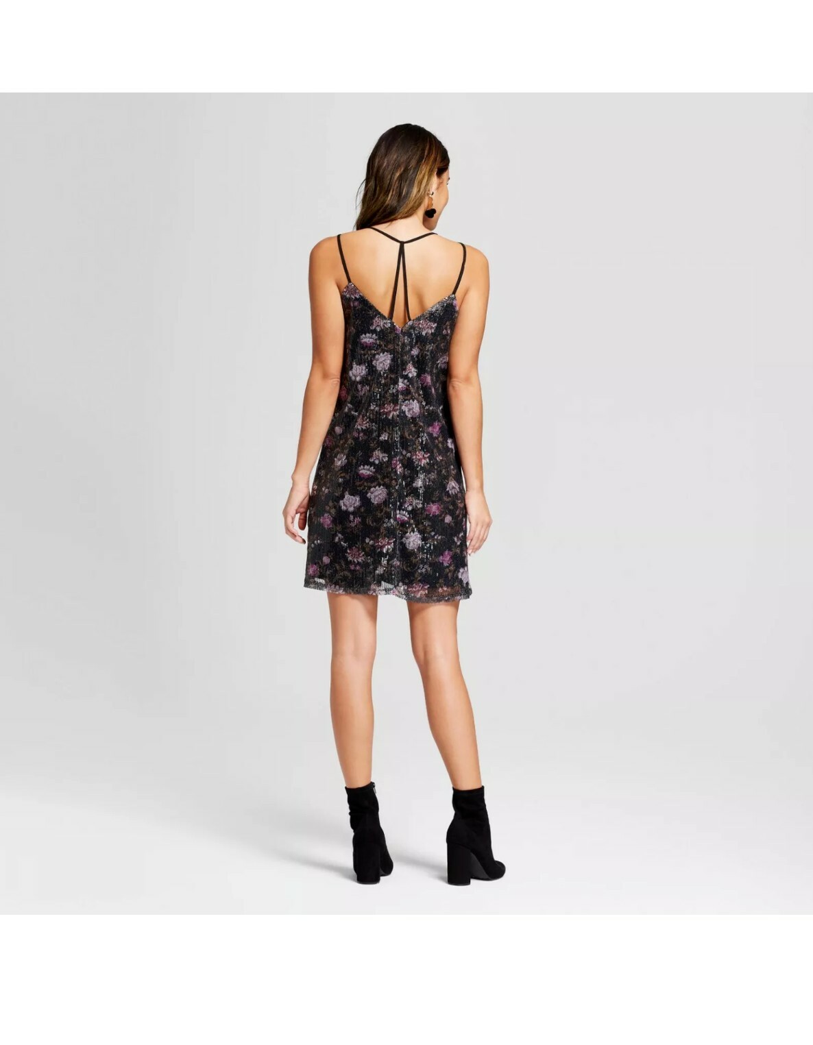 Sequin Dress Black Floral Juniors Sz M Spaghetti T-Strap V-Neck Xhilaration
