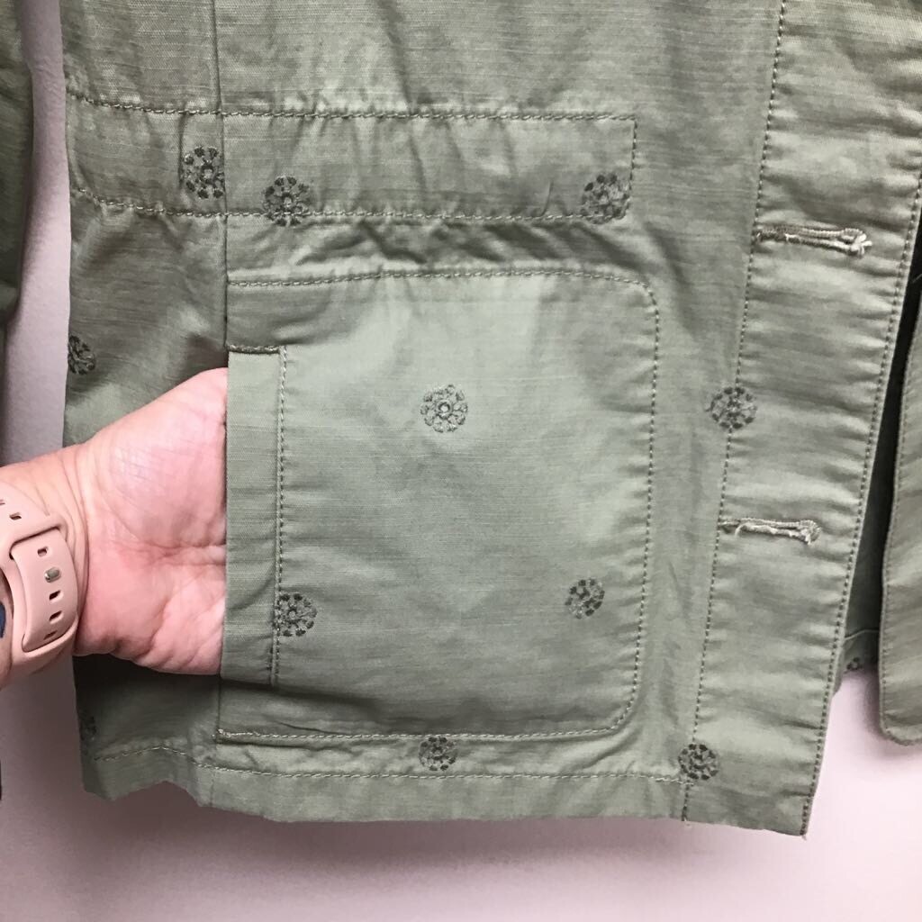 Talbots Womens Safari Jacket Green Floral Embroidered Pockets Cotton Petites SP