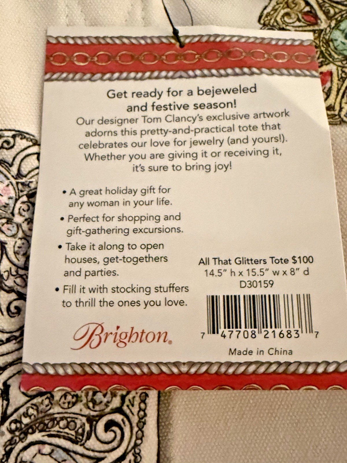 Brighton All That Glitters Canvas Tote Bag Tom Clancy Red Love Heart Jewels NWT