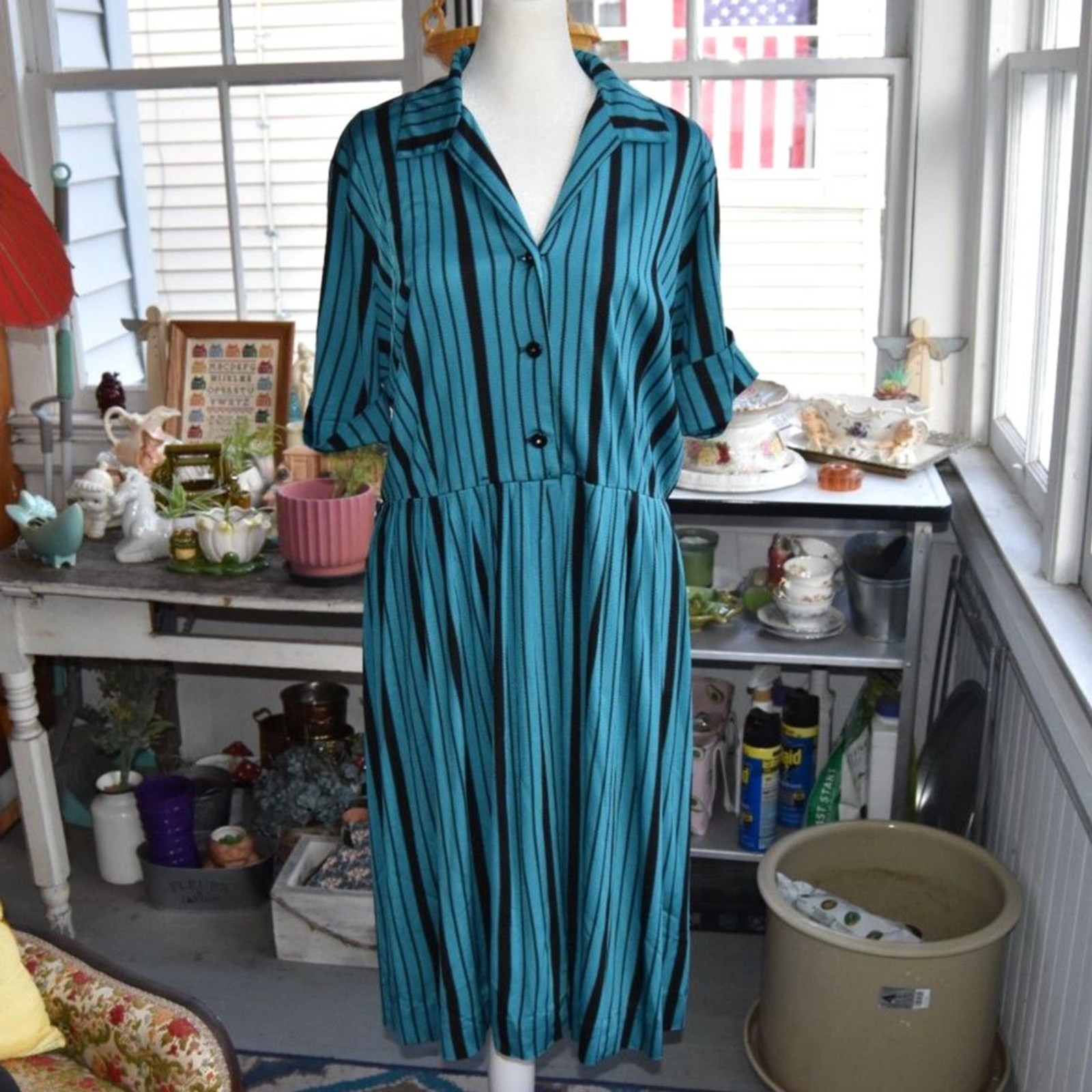 Vintage 60s Mode O’Day Mod Stripe Dress Blue Black Shirtwaist Midi L