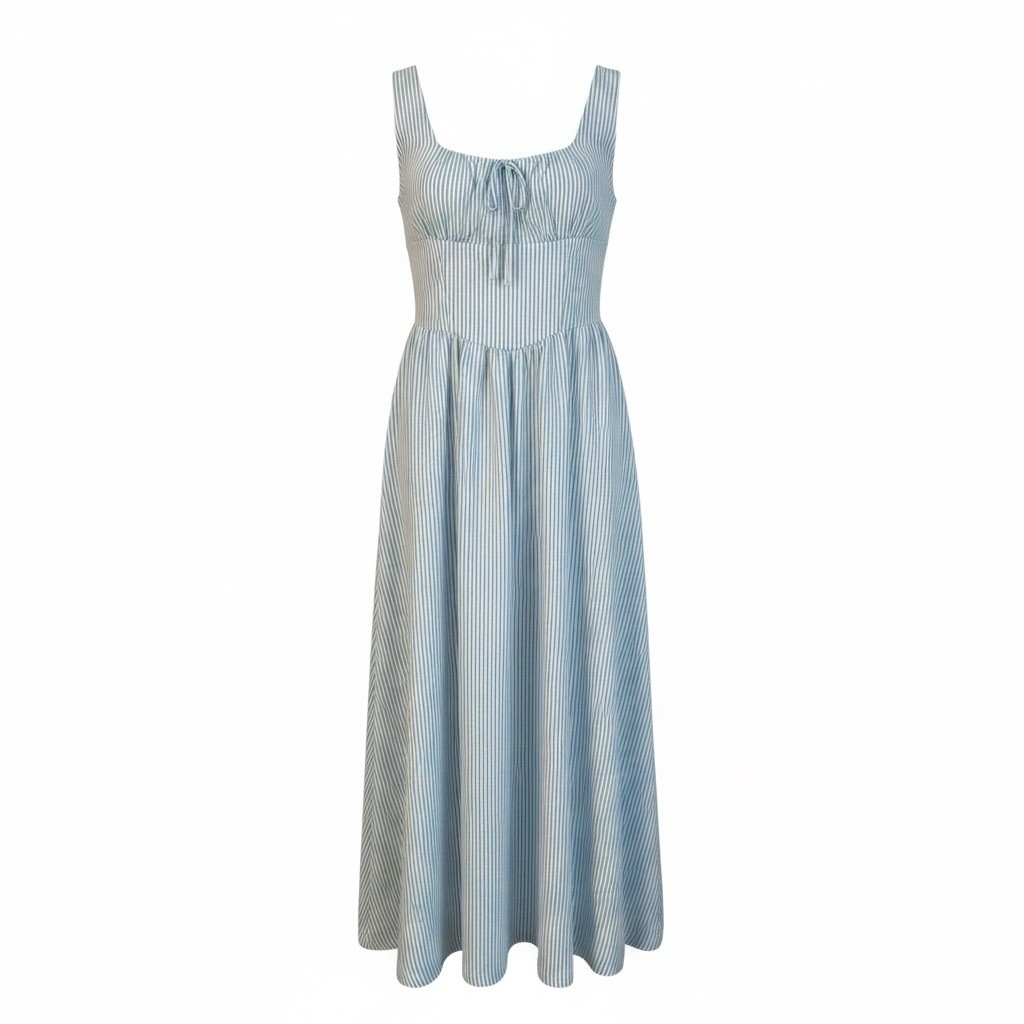 Sunset Lane Blue/White Striped Smocked Maxi Dress Square Neck Sleeveless M/M