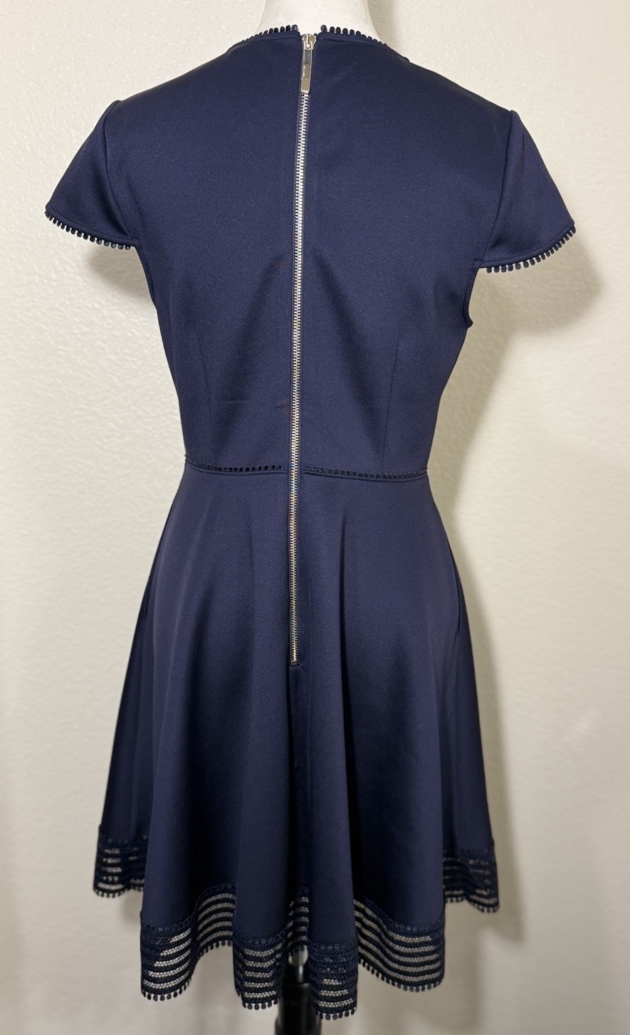 Ted Baker London Size 2 Navy Polyester Rohdia Skater Dress Mesh Trim Pockets Zip
