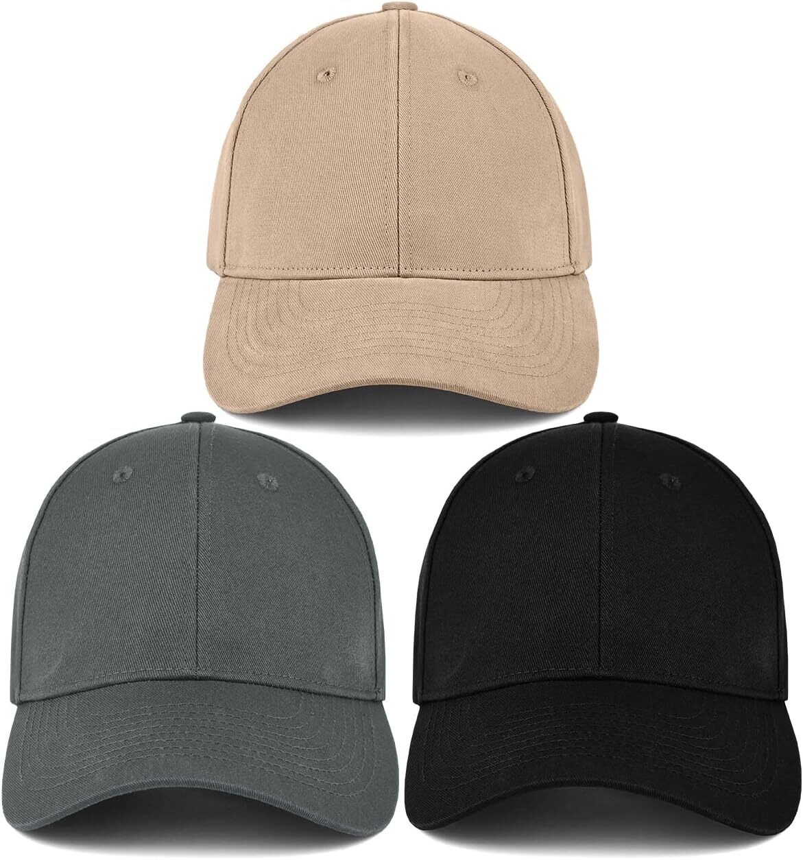 3 Pack Unisex Cotton Baseball Cap Adjustable One Size, Black+grey+khaki