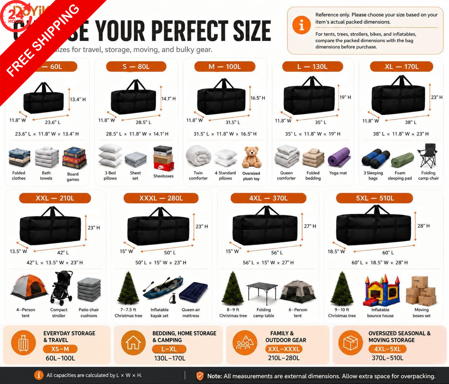 DoYiKe Canvas Storage Duffle 60L – 23.6″l x 11.8″w x 13.4″h, Black
