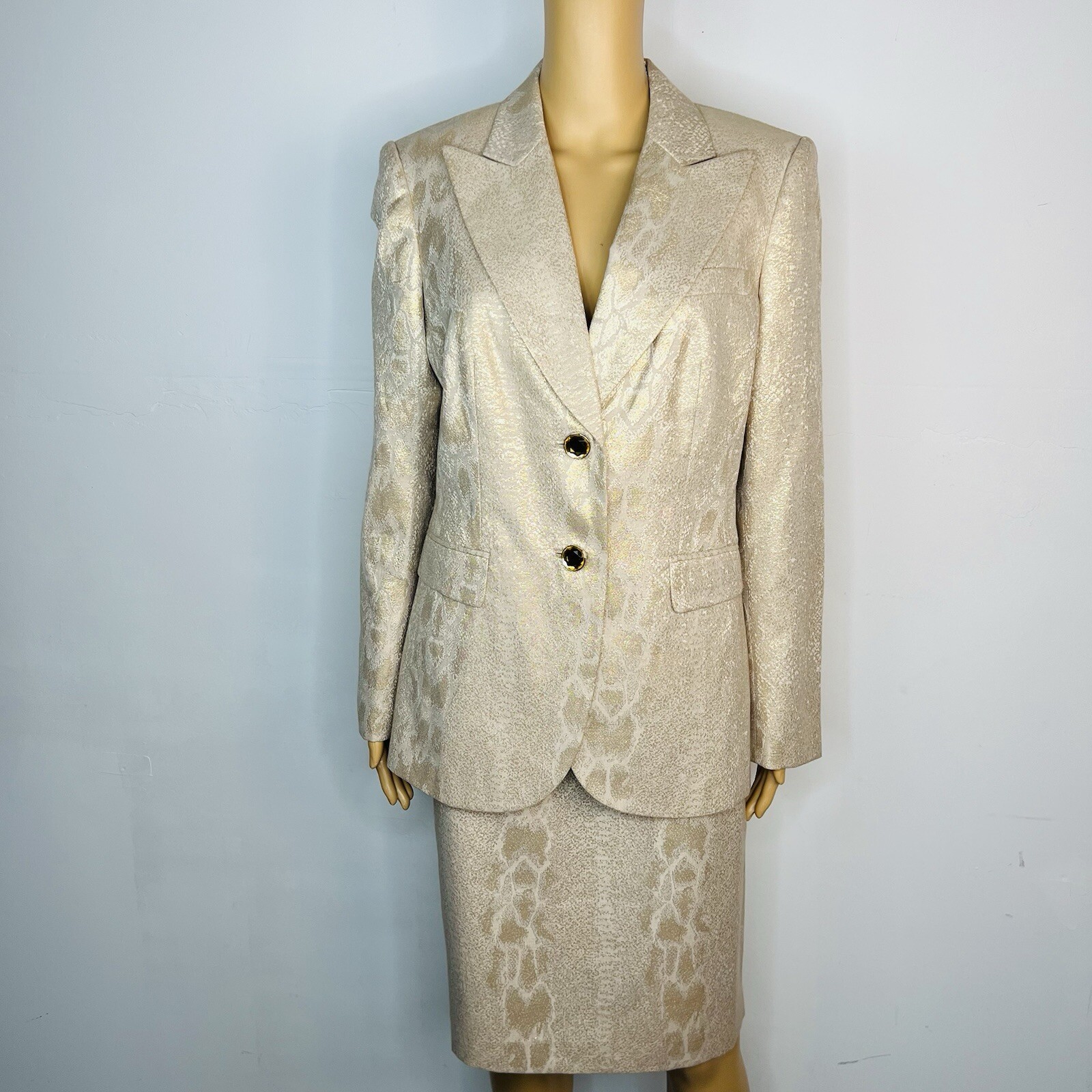 John Meyer Polyester Rayon Metallic Skirt Suit Size 10 Gold Floral Cocktail New