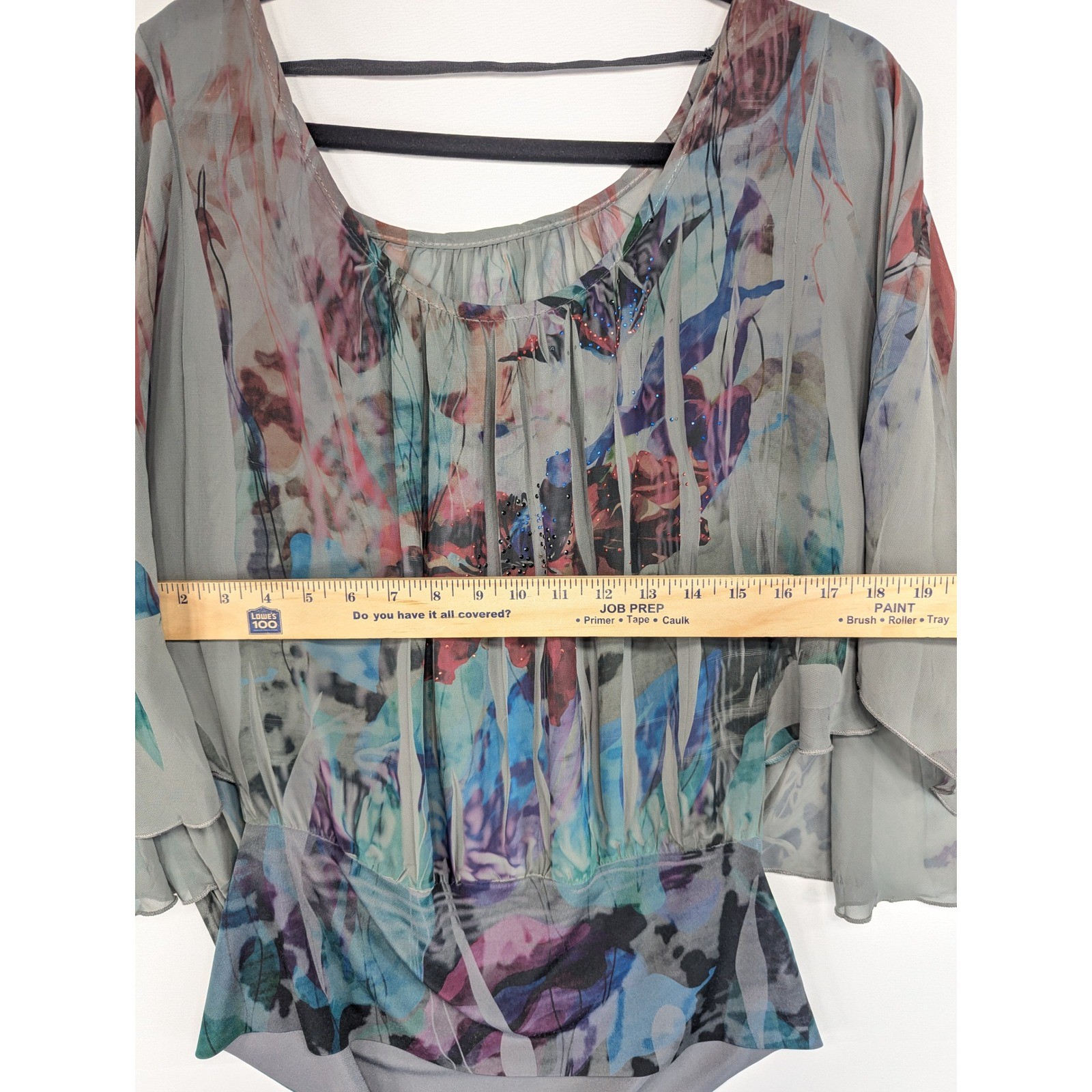 Womens X-Large Blouse Sheer Butterfly Floral Print Dolman Sleeve Elastic Waist