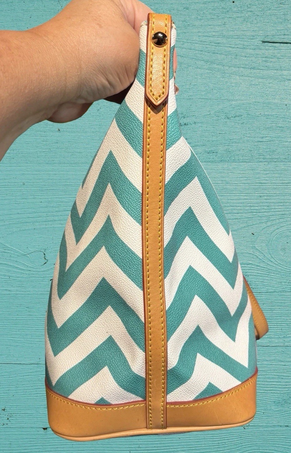 Dooney Bourke Turquoise Spearmint Green Chevron Large Shopper Tote Shoulder Bag