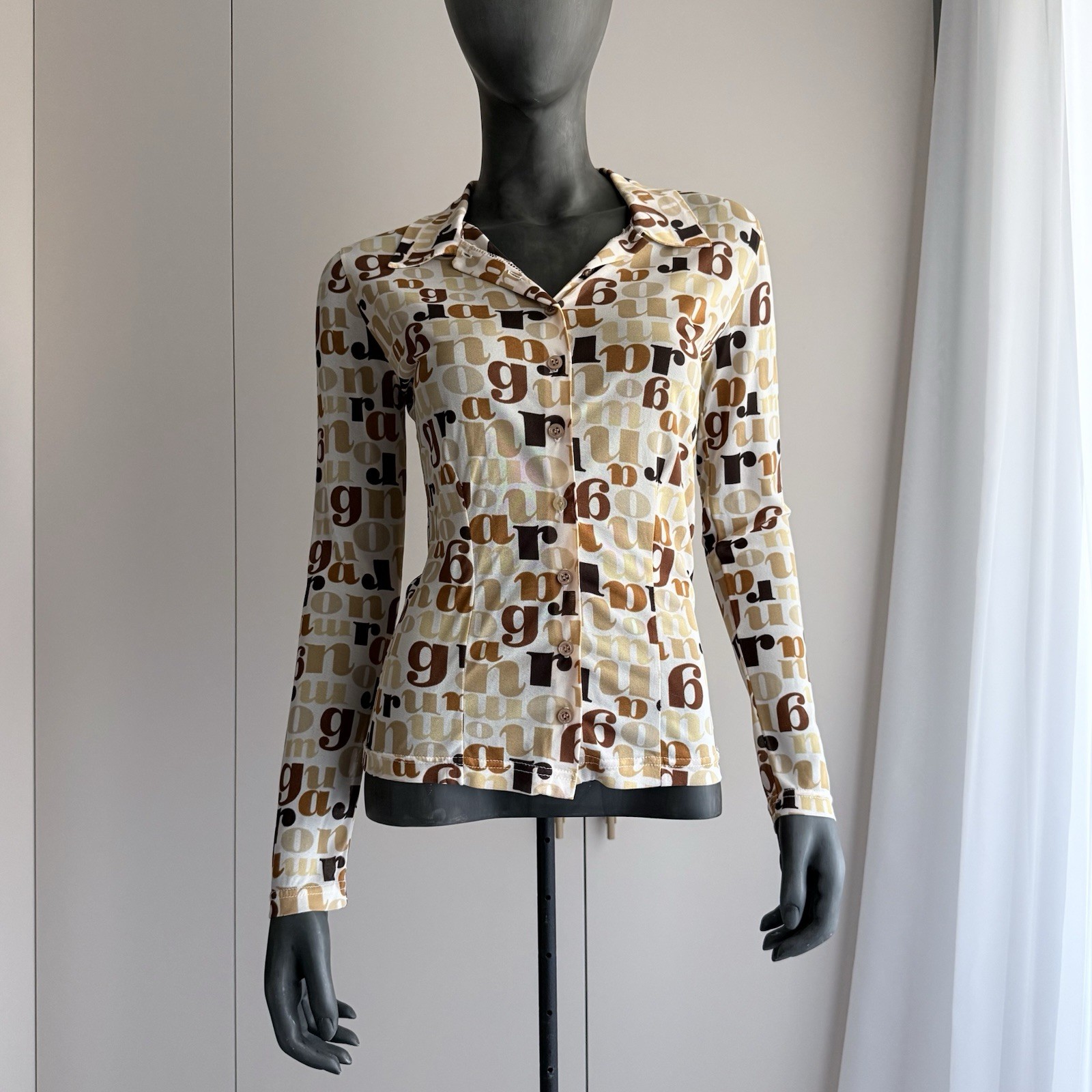 Vintage Morgan de Toi 90s Sheer Mesh Blouse Button-Up Yellow Letters Monogram Pr