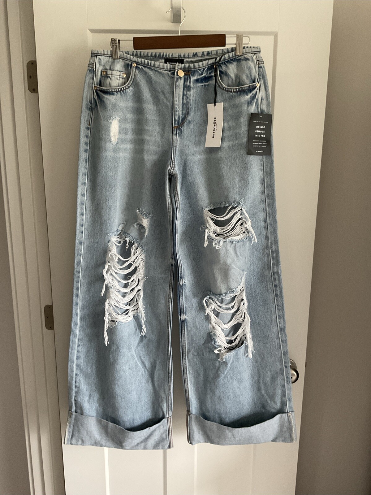 RETROFETE 90s Low Rise Distress Denim Rip Knee Straight Leg Jean Sz 30 NWT $325