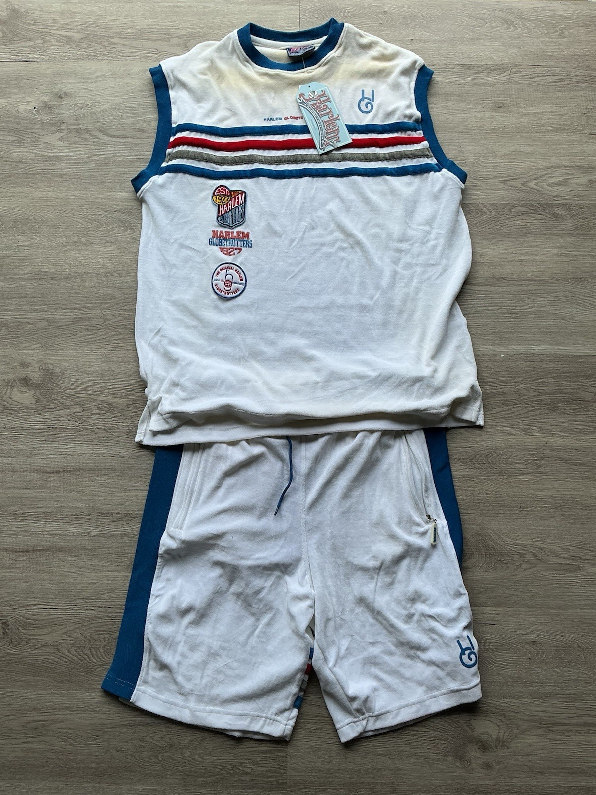 Harlem Globetrotters Men’s 2pc Terry Cotton Set M White/Blue Logo Pockets