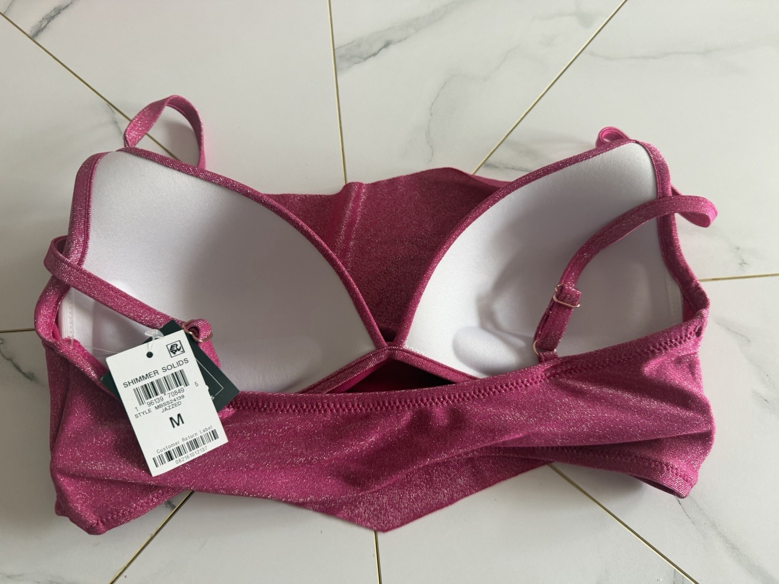 Sparkly Pink Shimmer Solid Bikini Top Padded Lined Adjustable Straps Size M