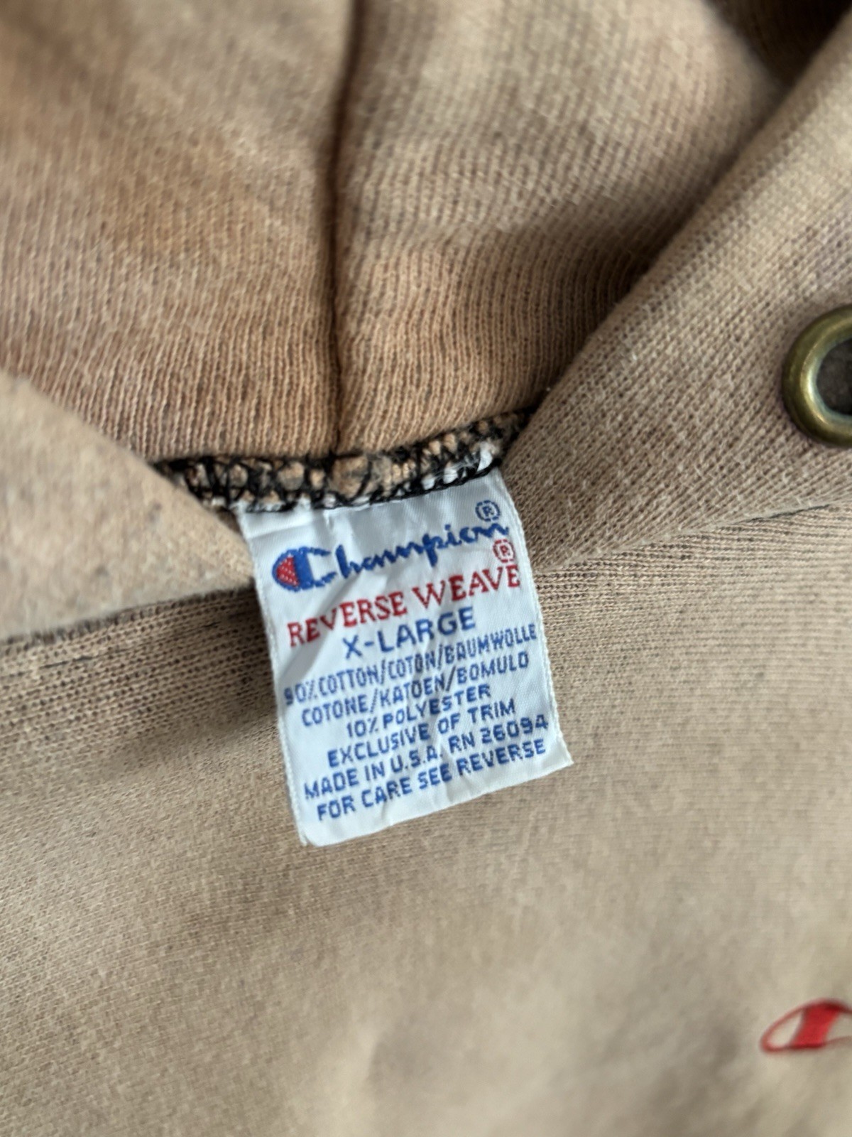 Vintage Champion Reverse Weave Hoodie Mens XL Beige 90S Pullover Sweatshirt USA