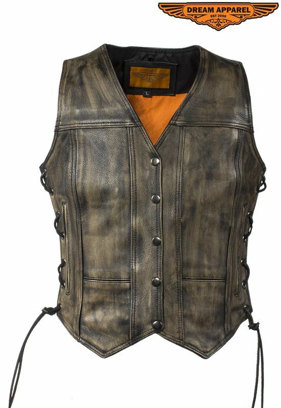 Womens Motorcycle Leather Vest Distressed Brown – Button Closure Zipper Pockets