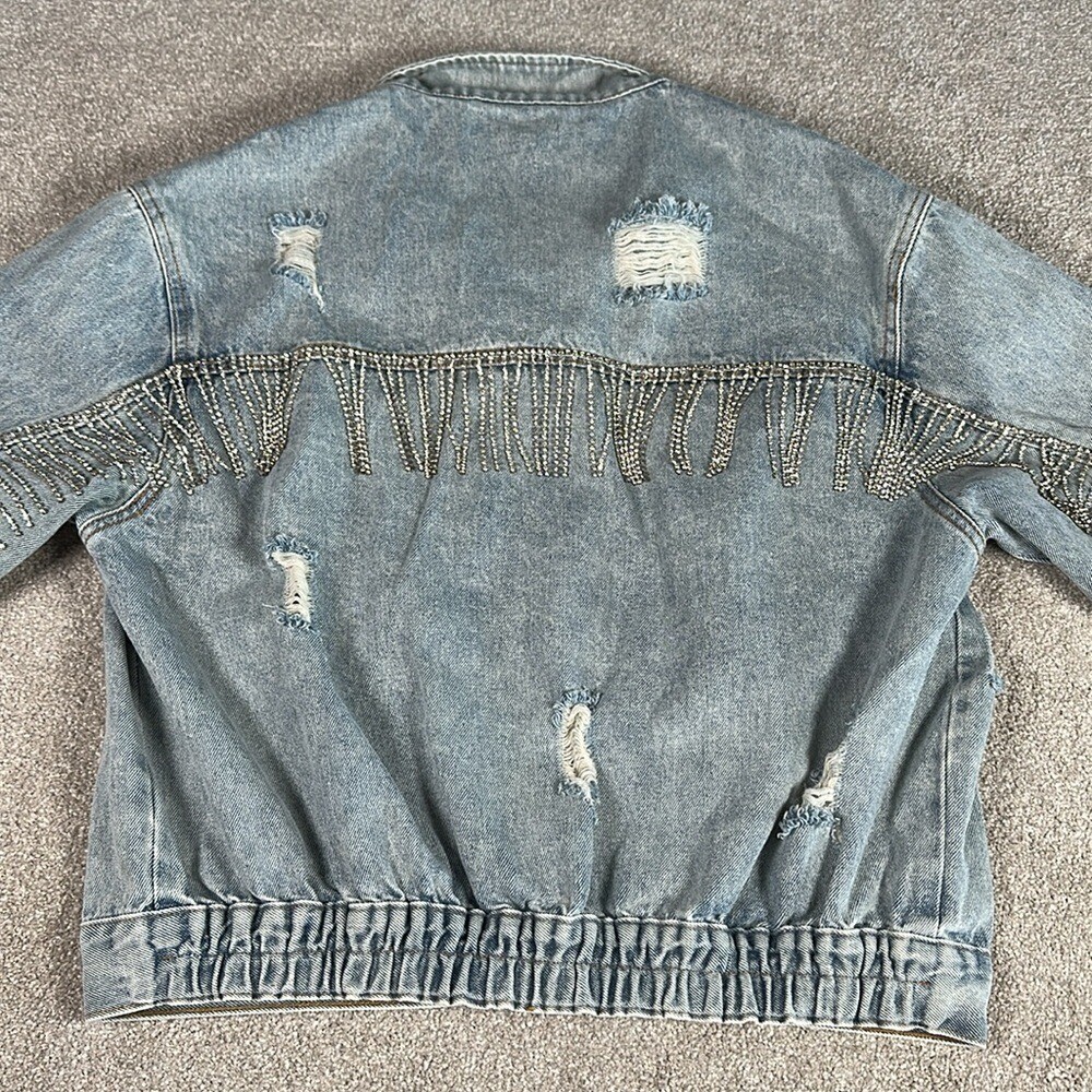 Distressed, rhinestone, fringe, jean jacket, grunge, punk band rock