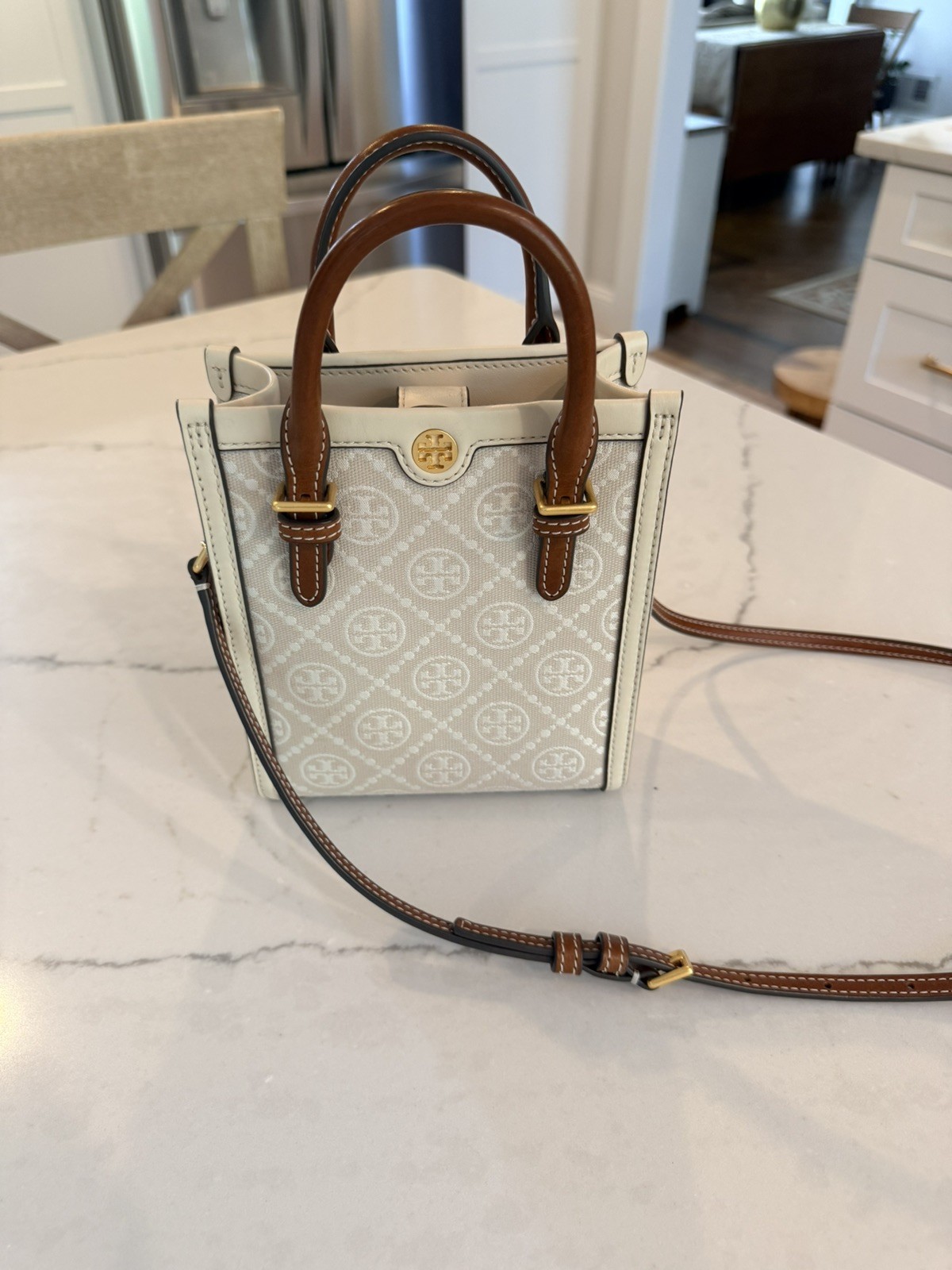 Authentic Tory Burch T Monogram Ivory Mini N/S Tote Crossbody Purse Bag 150217