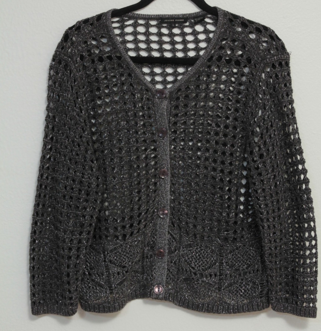Jeanne Pierre Crochet Open Knit Sweater Women’s Metalized Silver/Grey Yarn Large