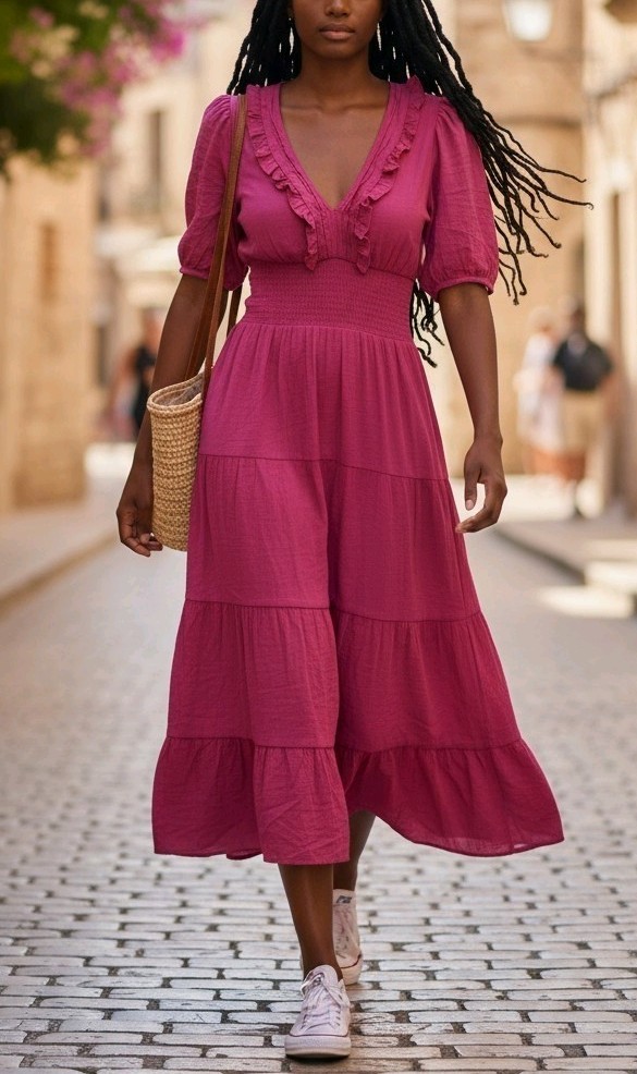 Kings Road Women’s Brick Red Fit & Flare Shirred Waist Tiered Dress Size PM