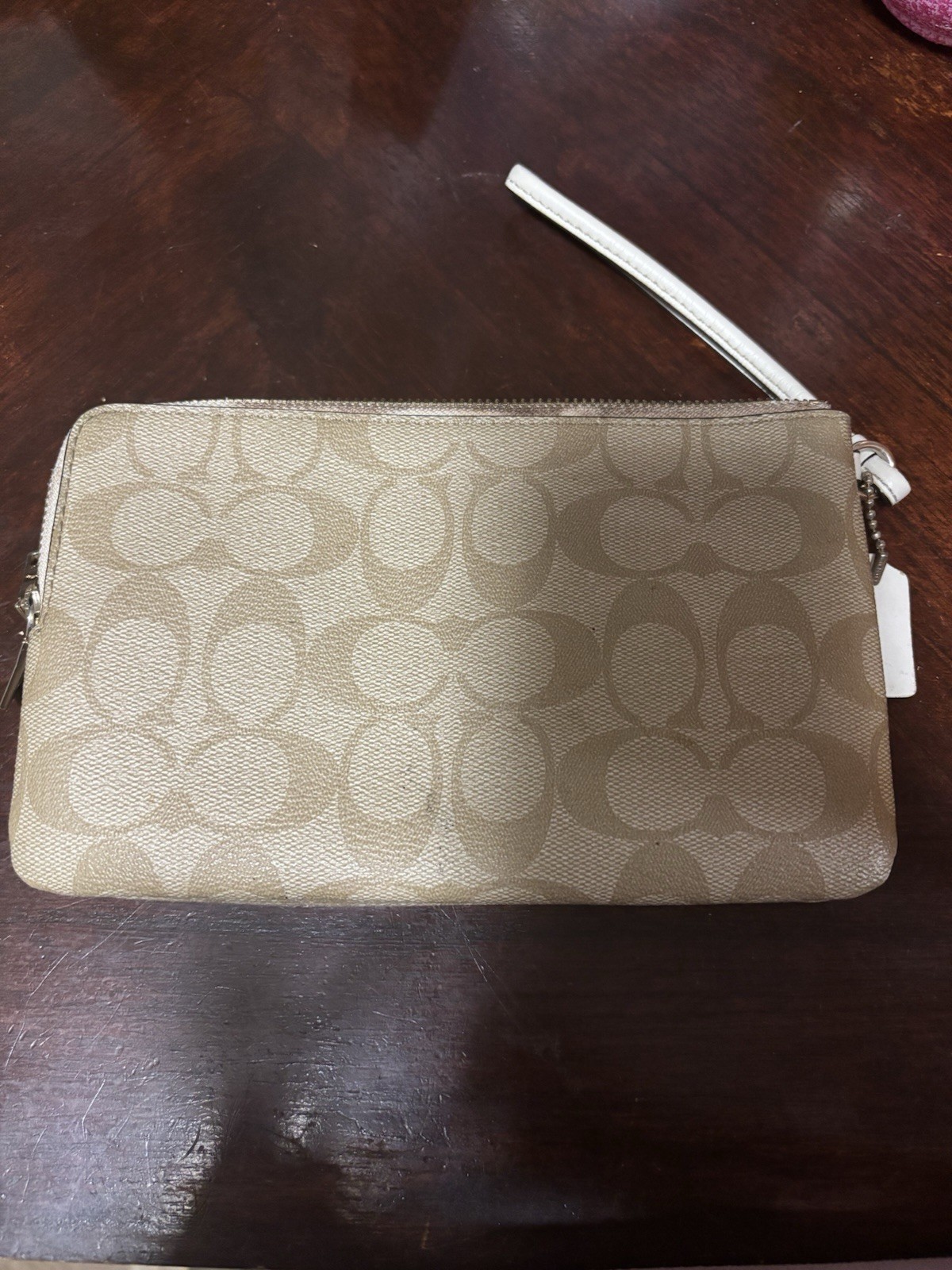 Coach Beige Signature Logo Wristlet Wallet Zip Top with Wrist Strap