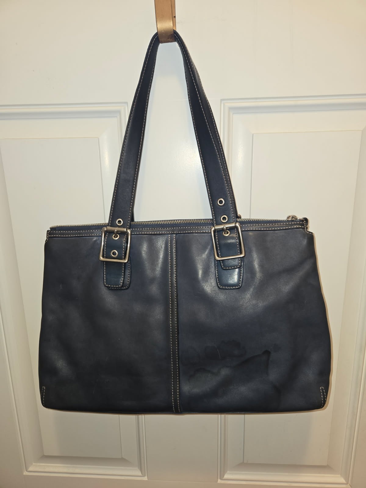 Vintage Coach Hampton 9554 Blue Leather Tote Satchel Bag Purse Buckles