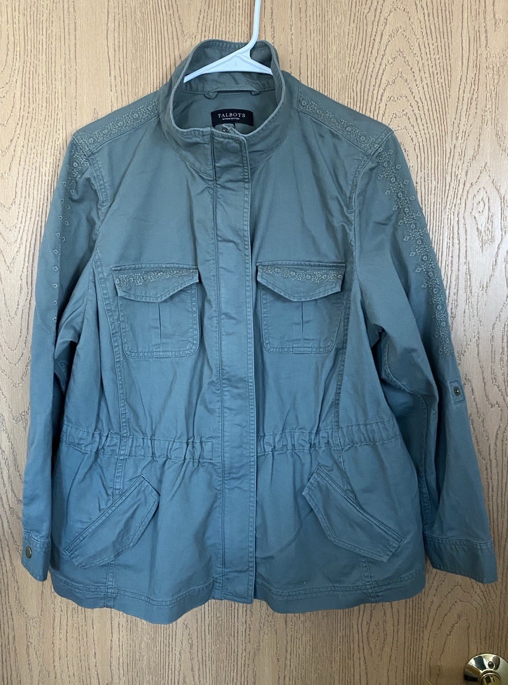 TALBOTS Embroidered Trim Cotton Safari Roll Tab Cinch Jacket Sz 2Xp